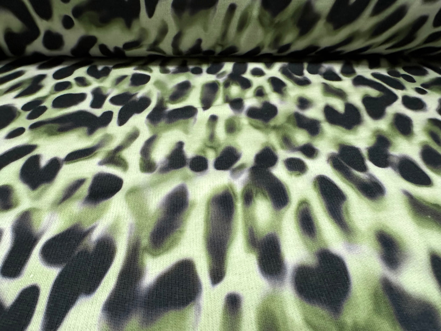 French Terry loopback sweatshirt jersey fabric, per metre - leopard smudge print - sage green