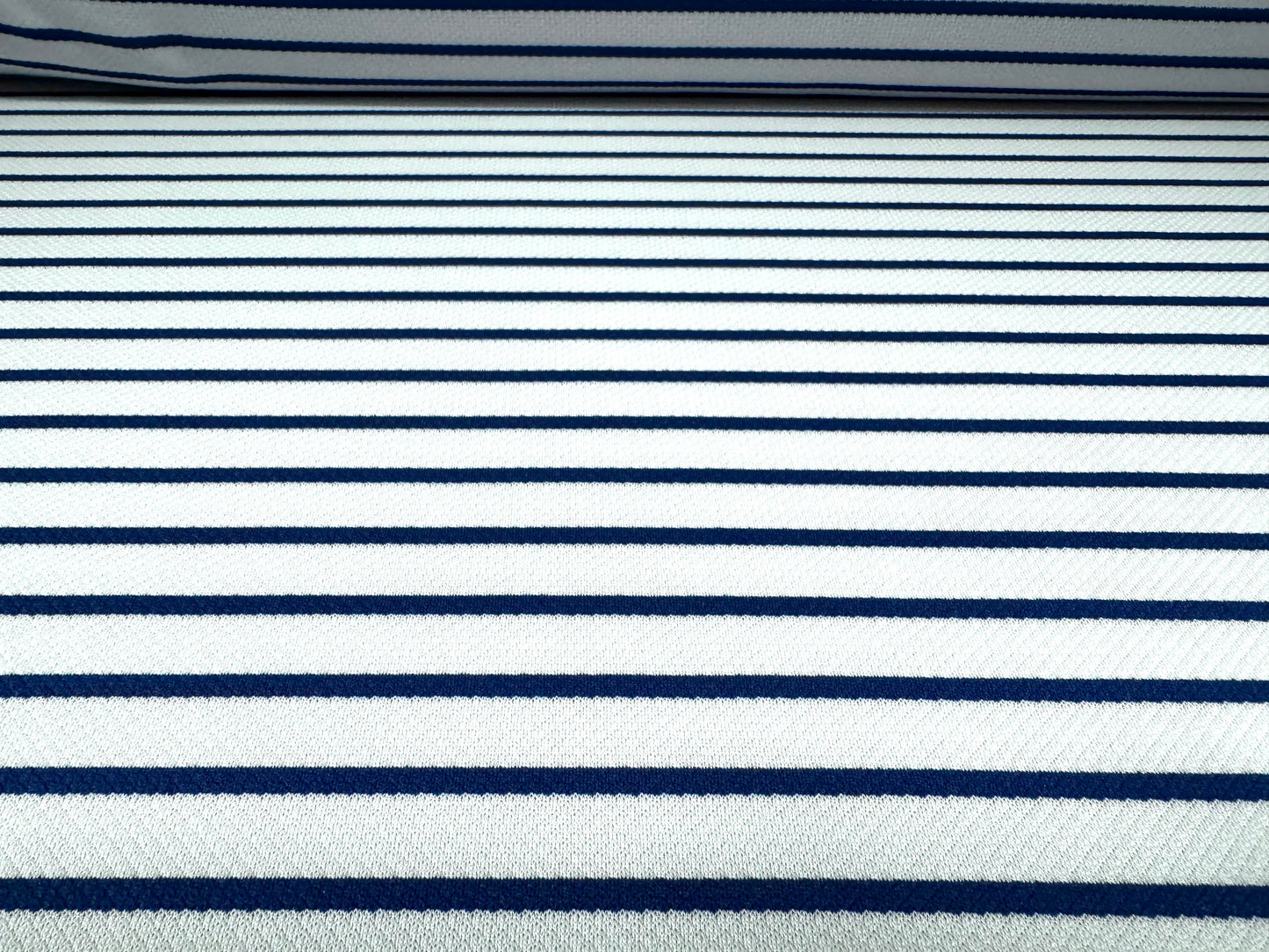 Textured double jersey stretch spandex fabric, per metre - stripe - white & navy blue