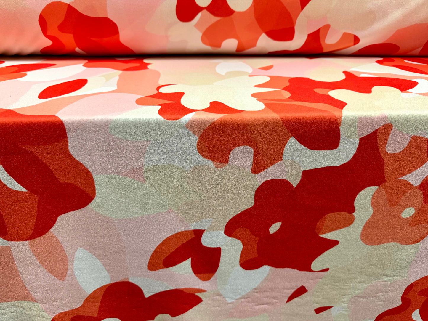 Scuba crepe stretch spandex double jersey fabric, per metre - stylised poppy print - red cream & pink