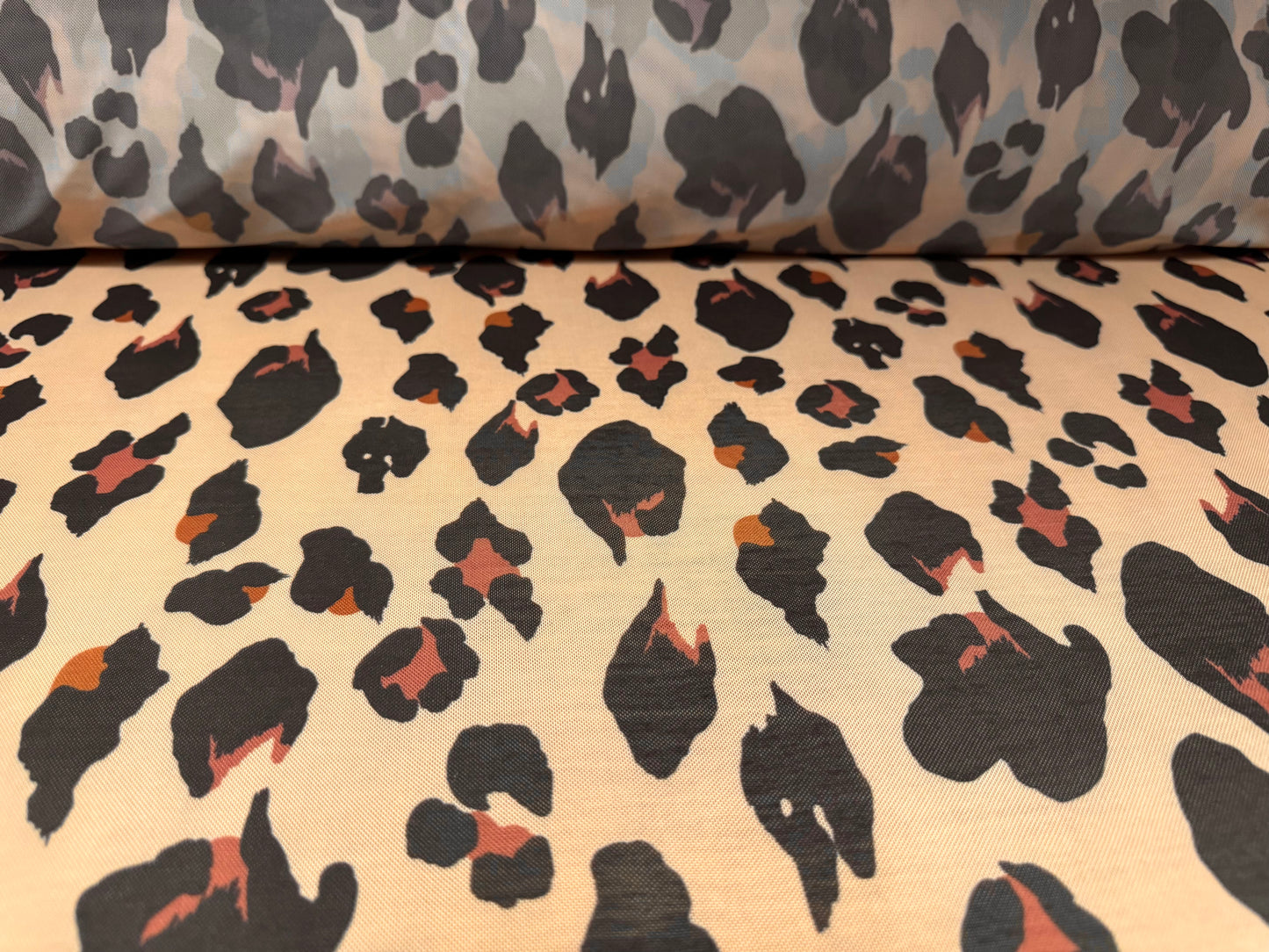 Power mesh net stretch spandex fabric, per metre - animal print - peach cream