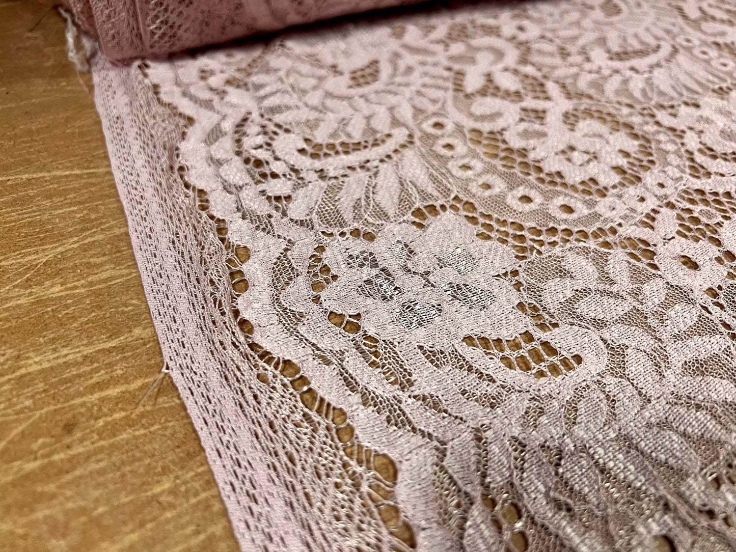 Corded Alencon lace dress fabric with decorative selvedge, per metre - floral - rose pink