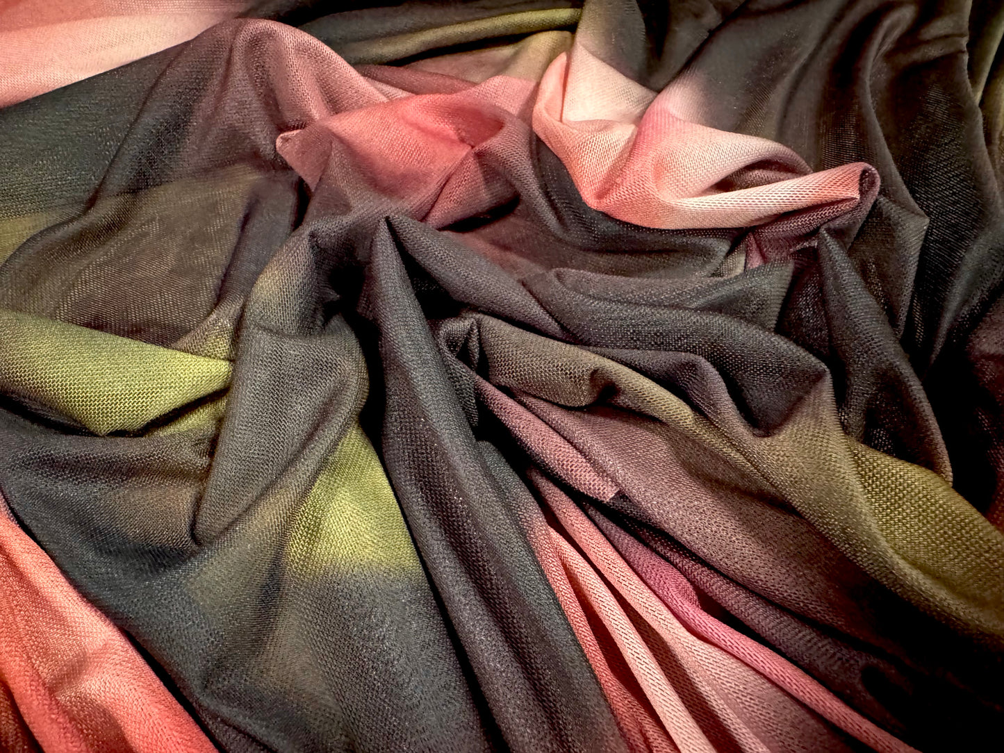 Power mesh net stretch spandex fabric, per metre - soft focus floral print - plum & pink