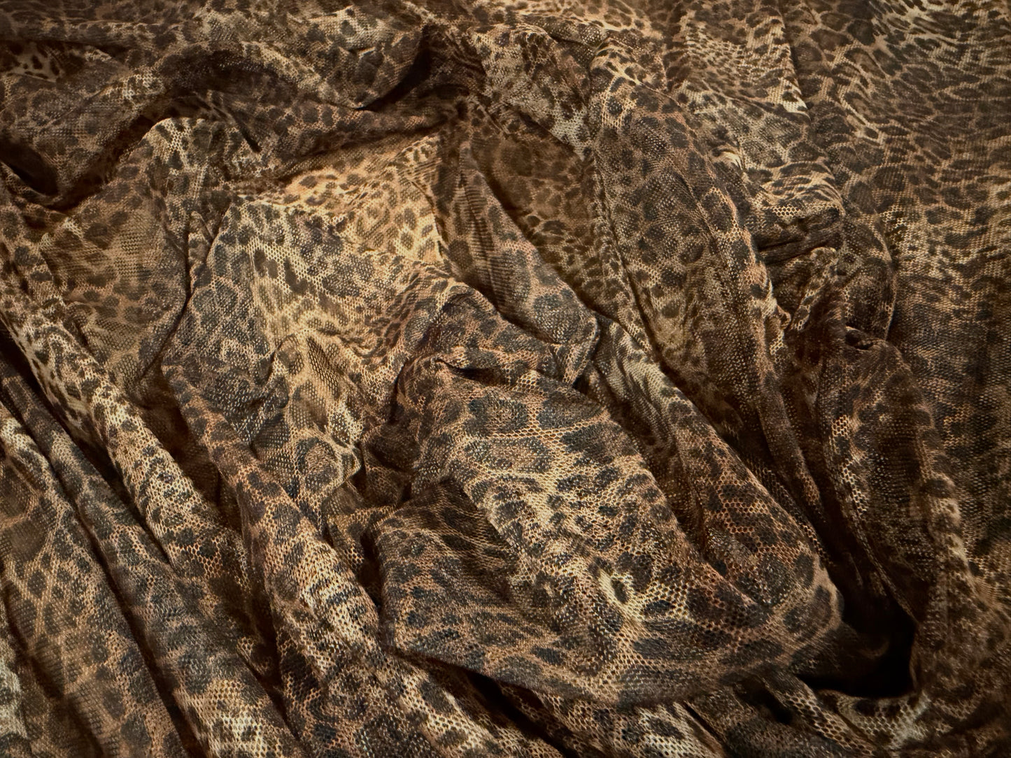 Power mesh net stretch spandex fabric, per metre - leopard skin print - brown