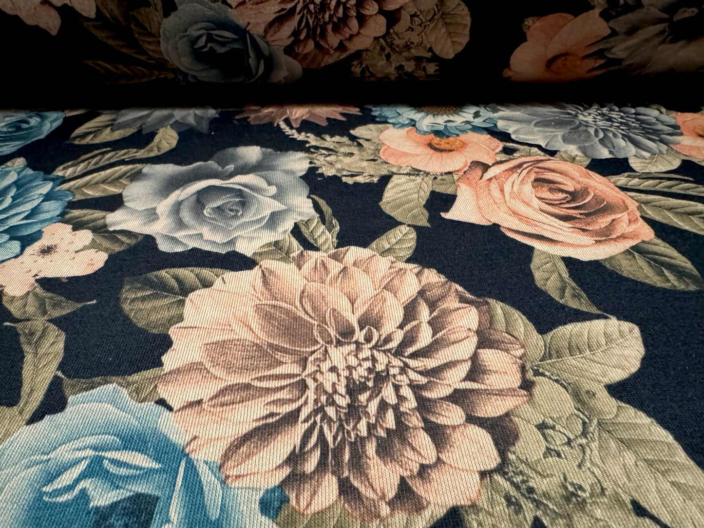French Terry loopback sweatshirt jersey fabric, per metre - roses and carnations - black beige & turquoise