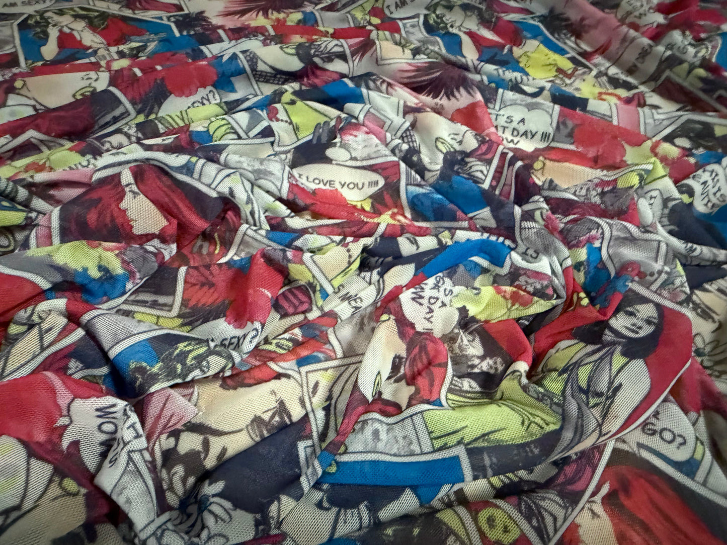 Power mesh net stretch spandex fabric, per metre - comic strip print - blue-grey & red