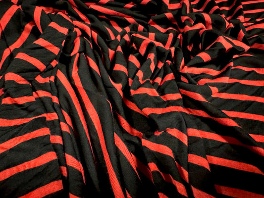 Viscose single jersey fashion fabric, per metre - stripe - black & summer red