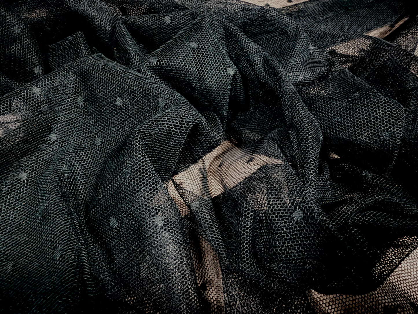 Stretch spandex mesh net fabric, per metre - spotted - black on black