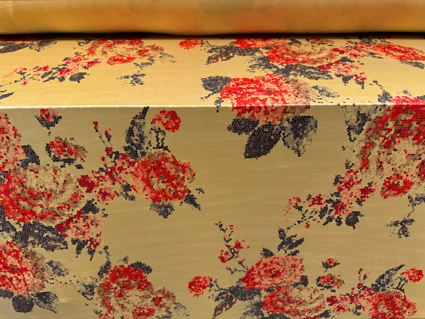 ITY stretch spandex single jersey fashion fabric, per metre - pixellated rose print - mustard & red