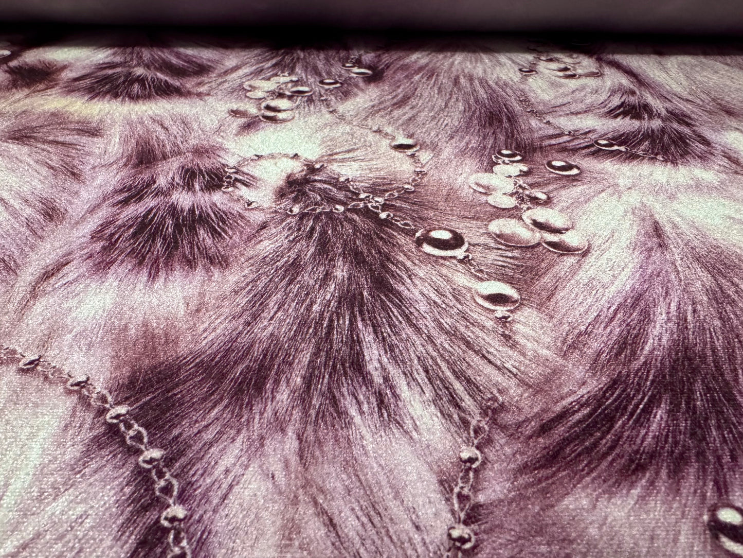 Spandex velvet stretch dress fabric, per metre - pearls on fur print - purple
