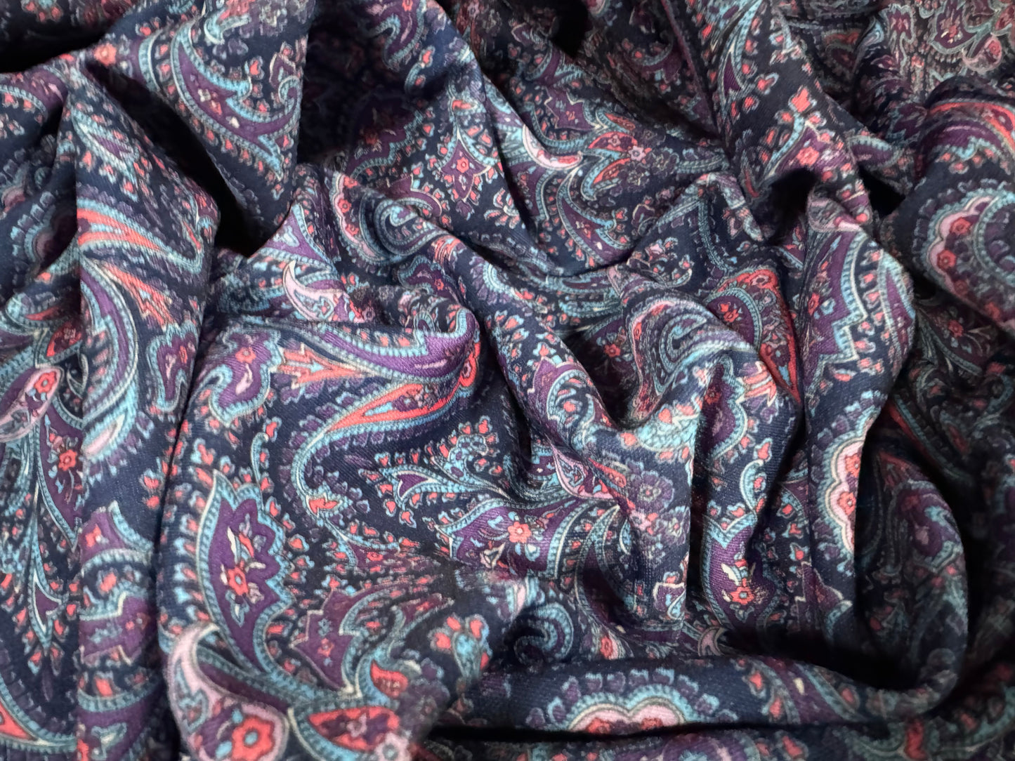 Scuba stretch spandex double jersey dress fabric, per metre - paisley print - navy blue & pink