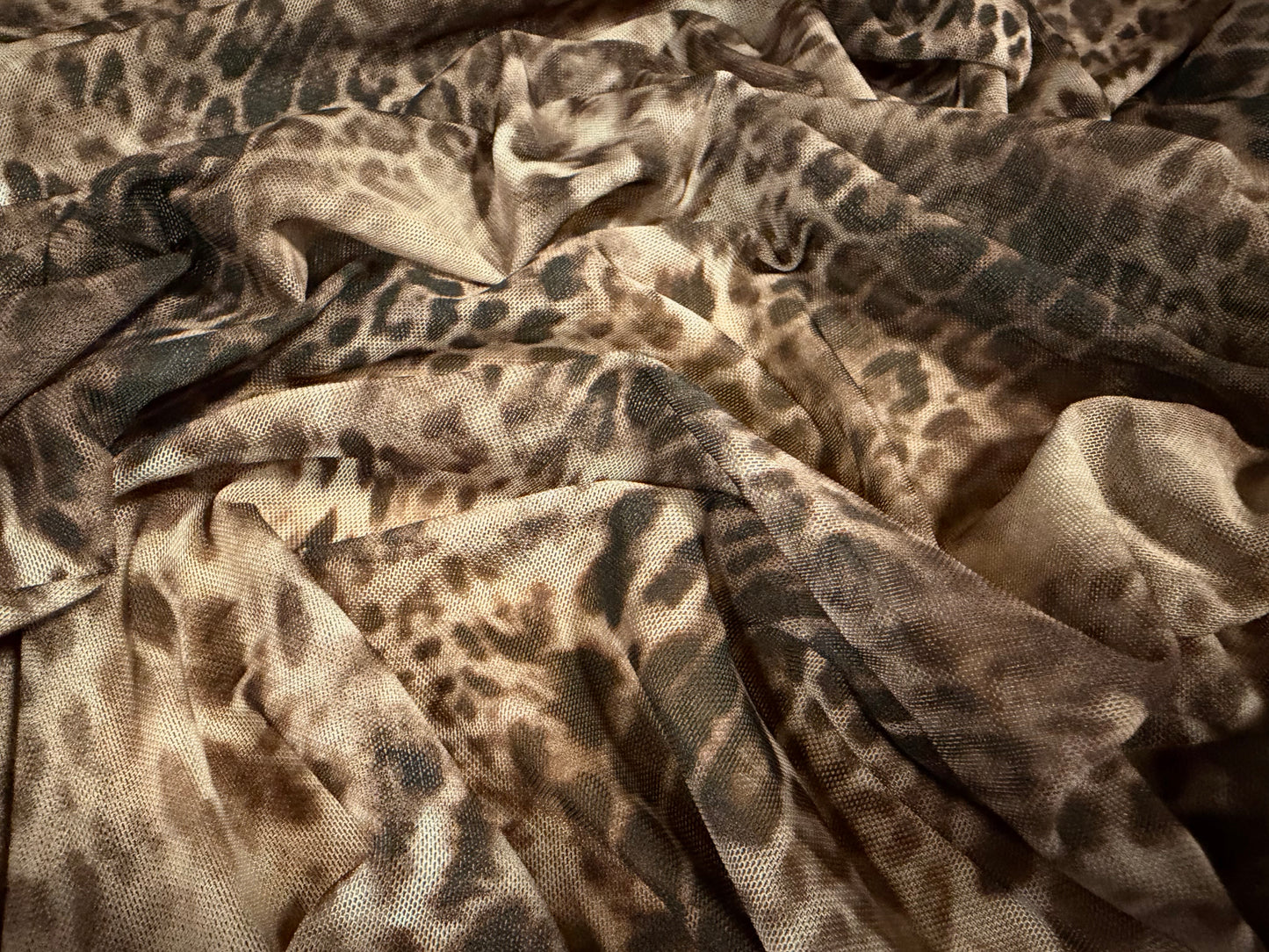 Power mesh net stretch spandex fabric, per metre - leopard animal print - taupe