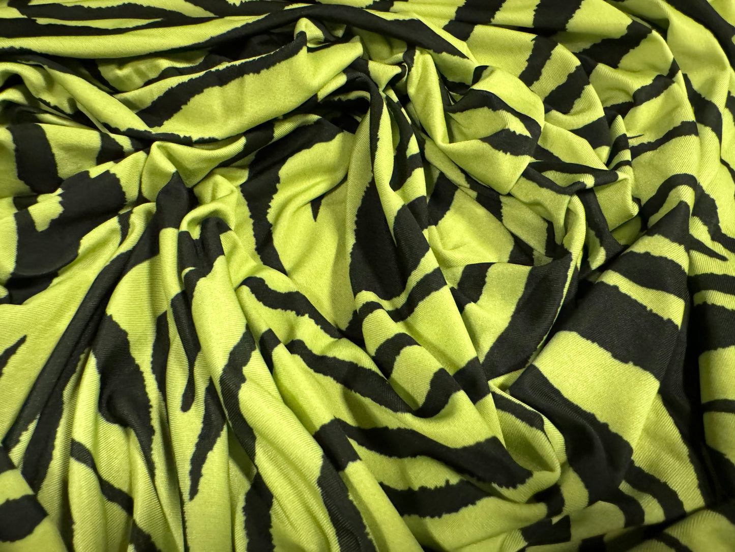 Soft touch stretch spandex single jersey fabric, per metre - zebra animal print - lime