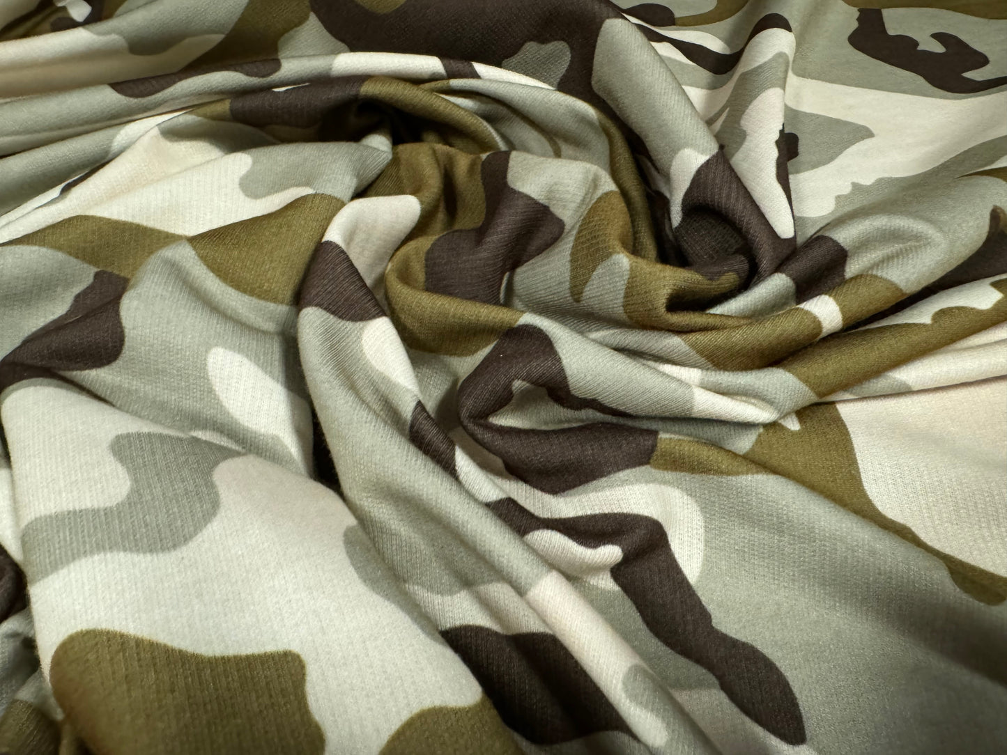 French Terry loopback sweatshirt jersey fabric, per metre - camouflage print - khaki & olive green