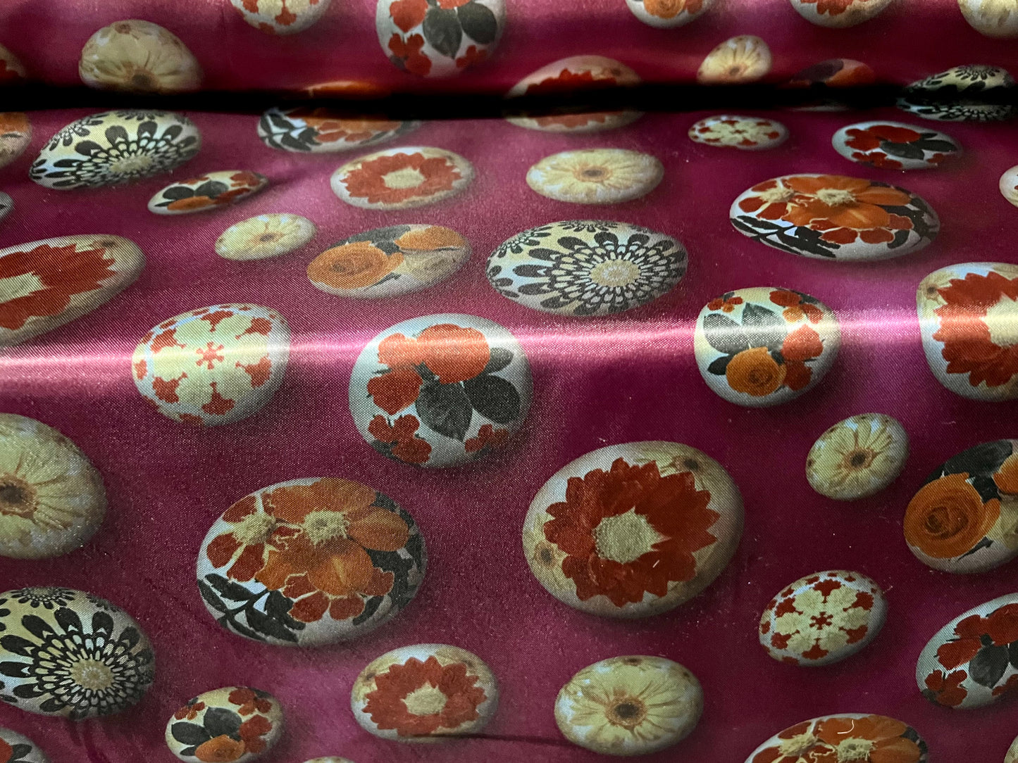 Silky satin woven dress fabric, per metre - painted pebbles print - plum