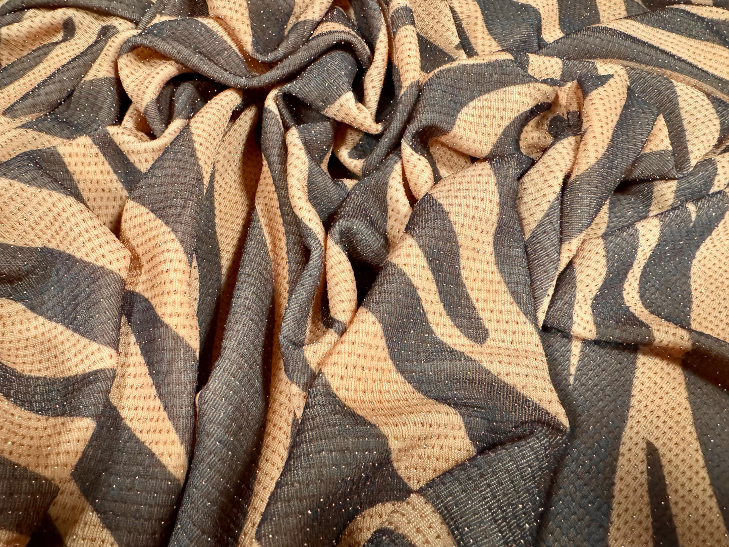 Metallic slinky spandex stretch jersey fabric with gold lurex, per metre - zebra animal print - nude & grey