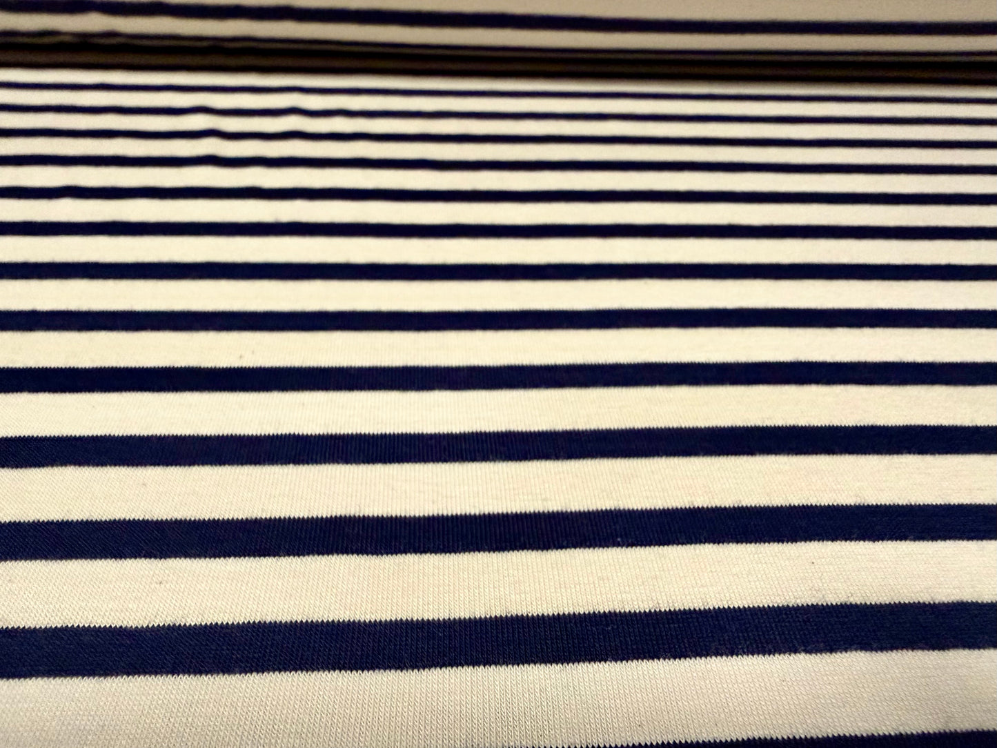 Viscose spandex stretch single jersey fabric, per metre - stripe - dark navy & cream