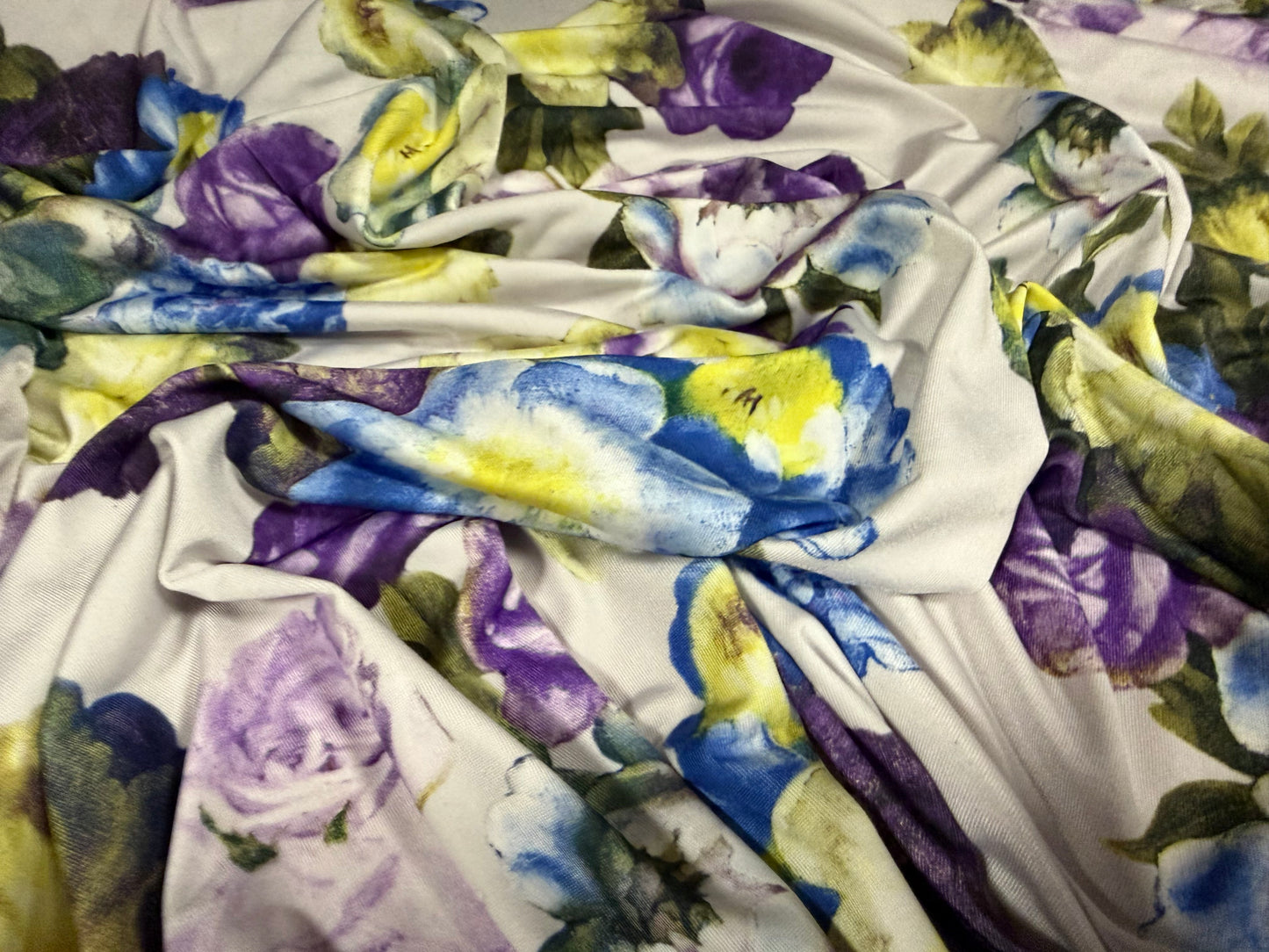 Soft touch stretch spandex single jersey fabric, per metre - rose print - purple & blue