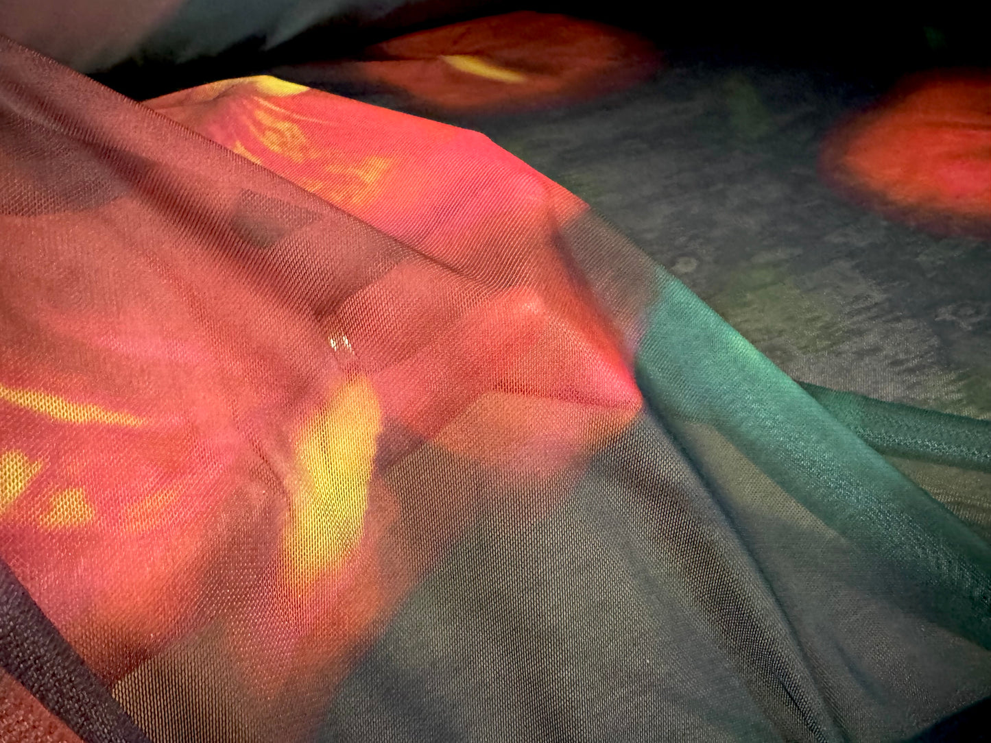 Power mesh net stretch spandex fabric, per metre - jumbo orchid floral print - black bottle green & red