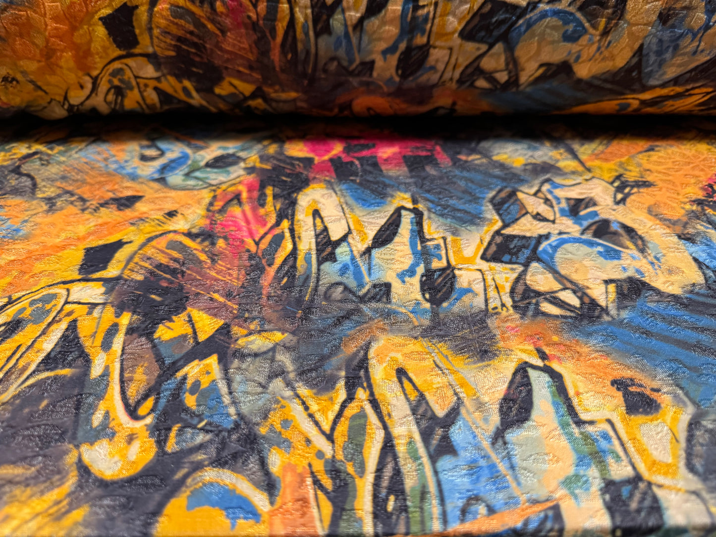 Stretch spandex jersey jacquard fabric, per metre - graffiti print - multicolour
