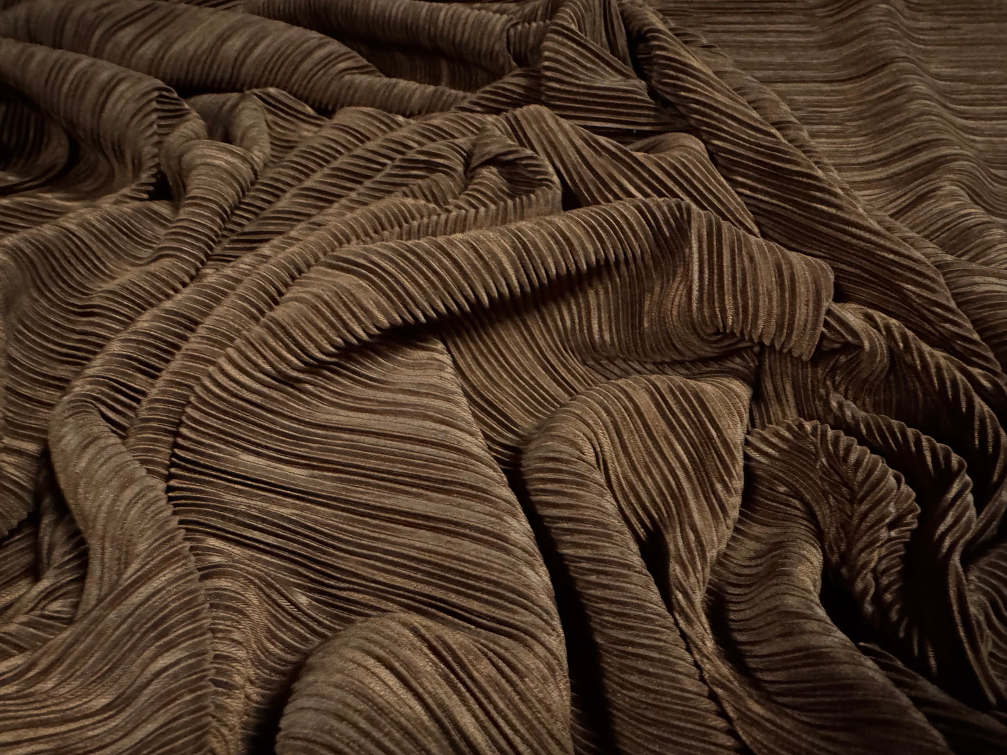 Fine Plissé pleated satin dress fabric, per metre - plain - brown