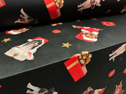 Soft touch stretch spandex single jersey fabric, per metre - Christmas Dogs print - black & red