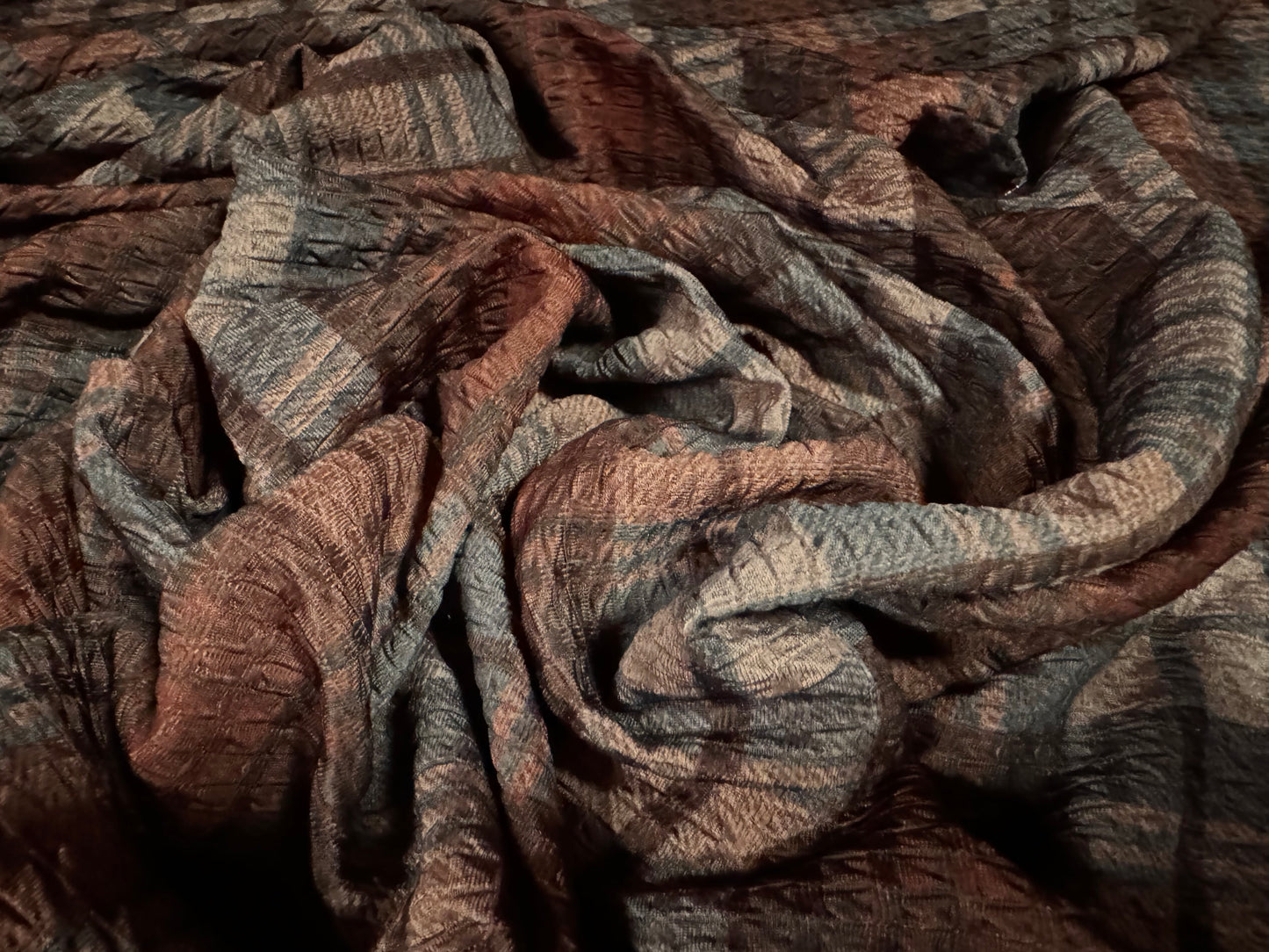 Double jersey jacquard stretch spandex fabric, per metre - tartan check print - rust & dusky pink