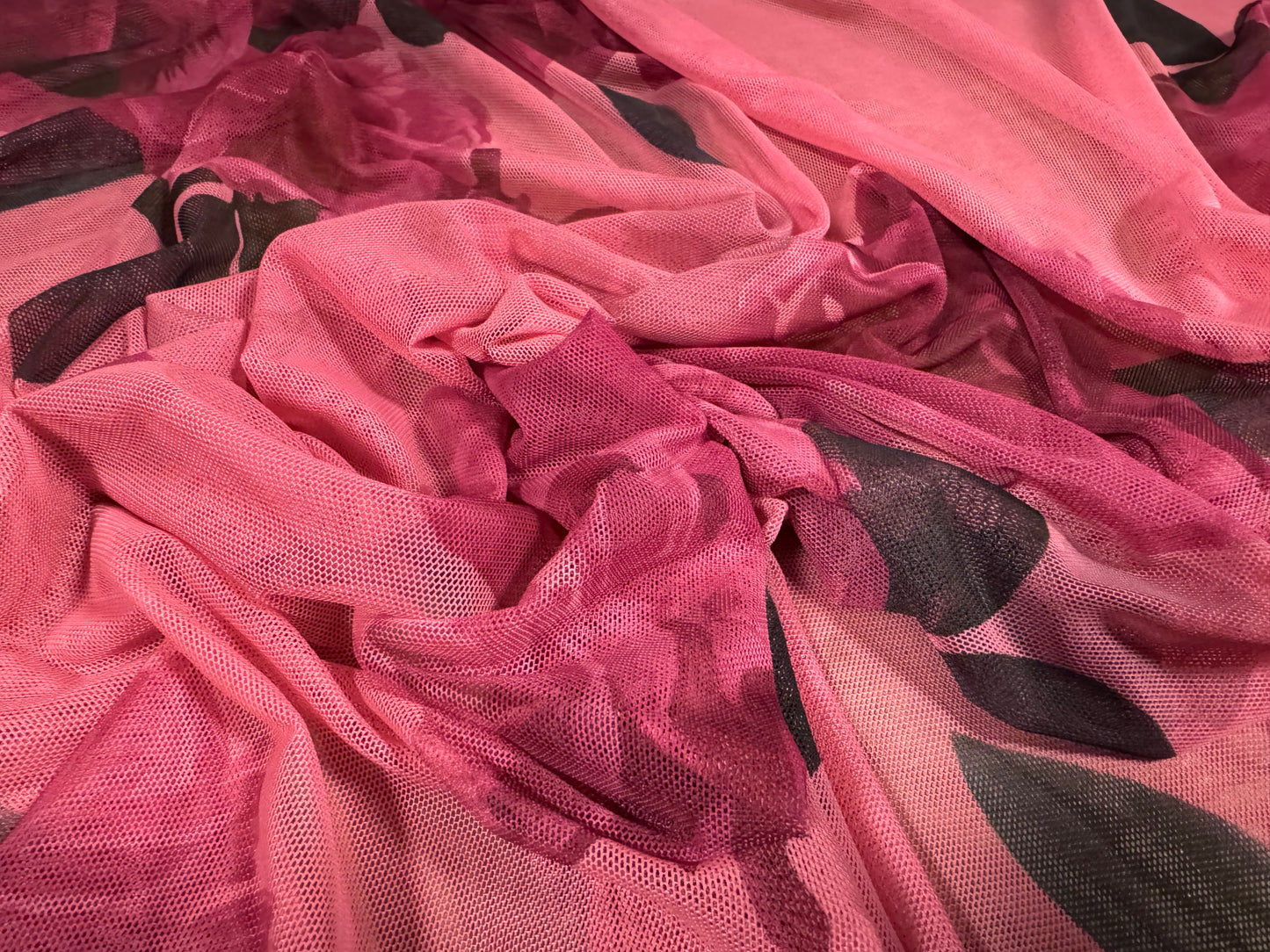 Power mesh net stretch spandex fabric, per metre - peony flower print - cerise & pink