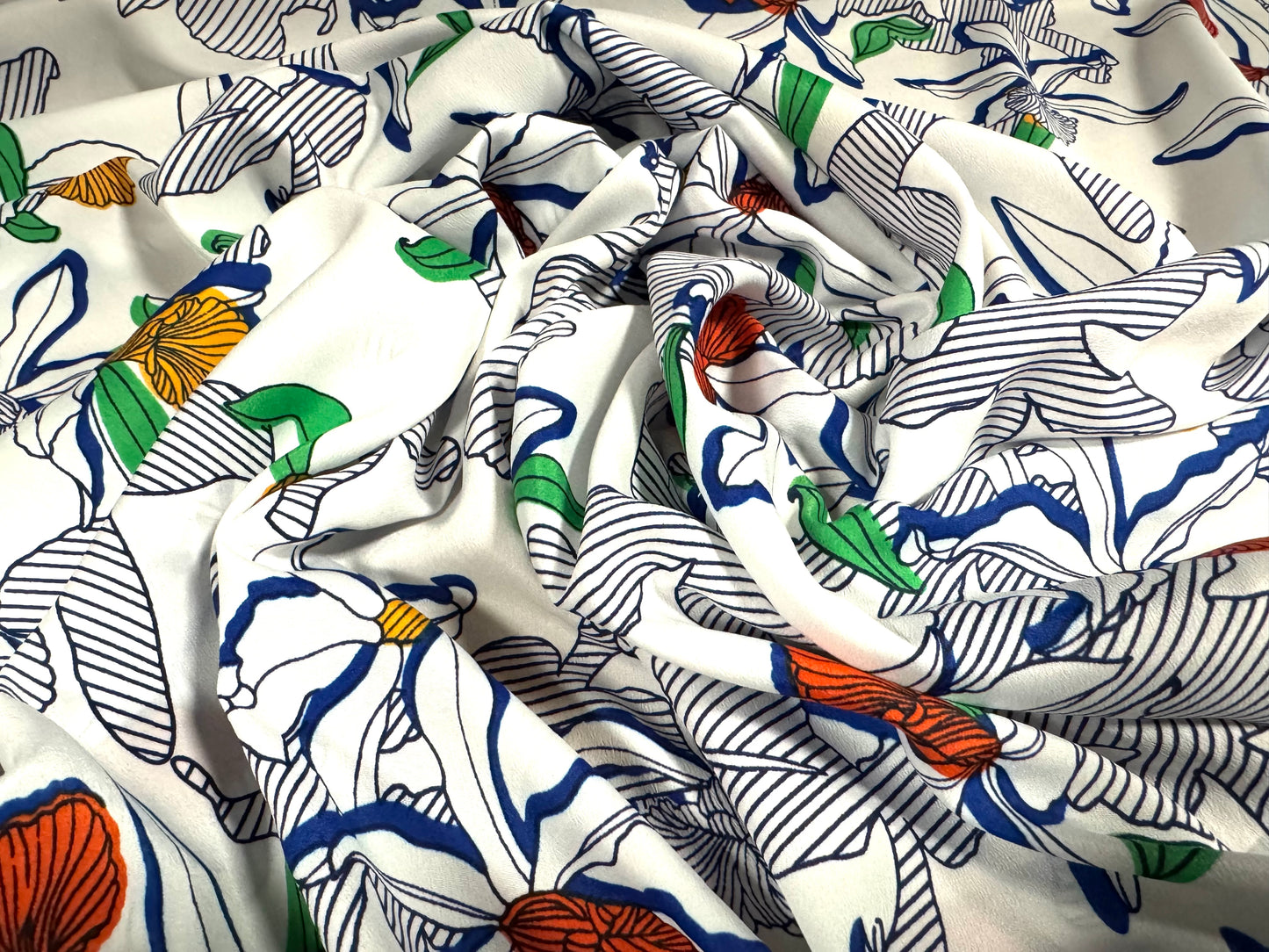 Chirimen crepe woven dress fabric, per metre - lily flower print - white