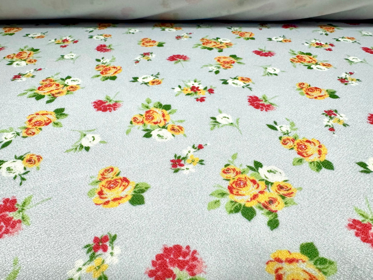 Valentino crepe spandex jersey fabric - similar to scuba - per metre - ditsy flowers print - Sky blue & Orange