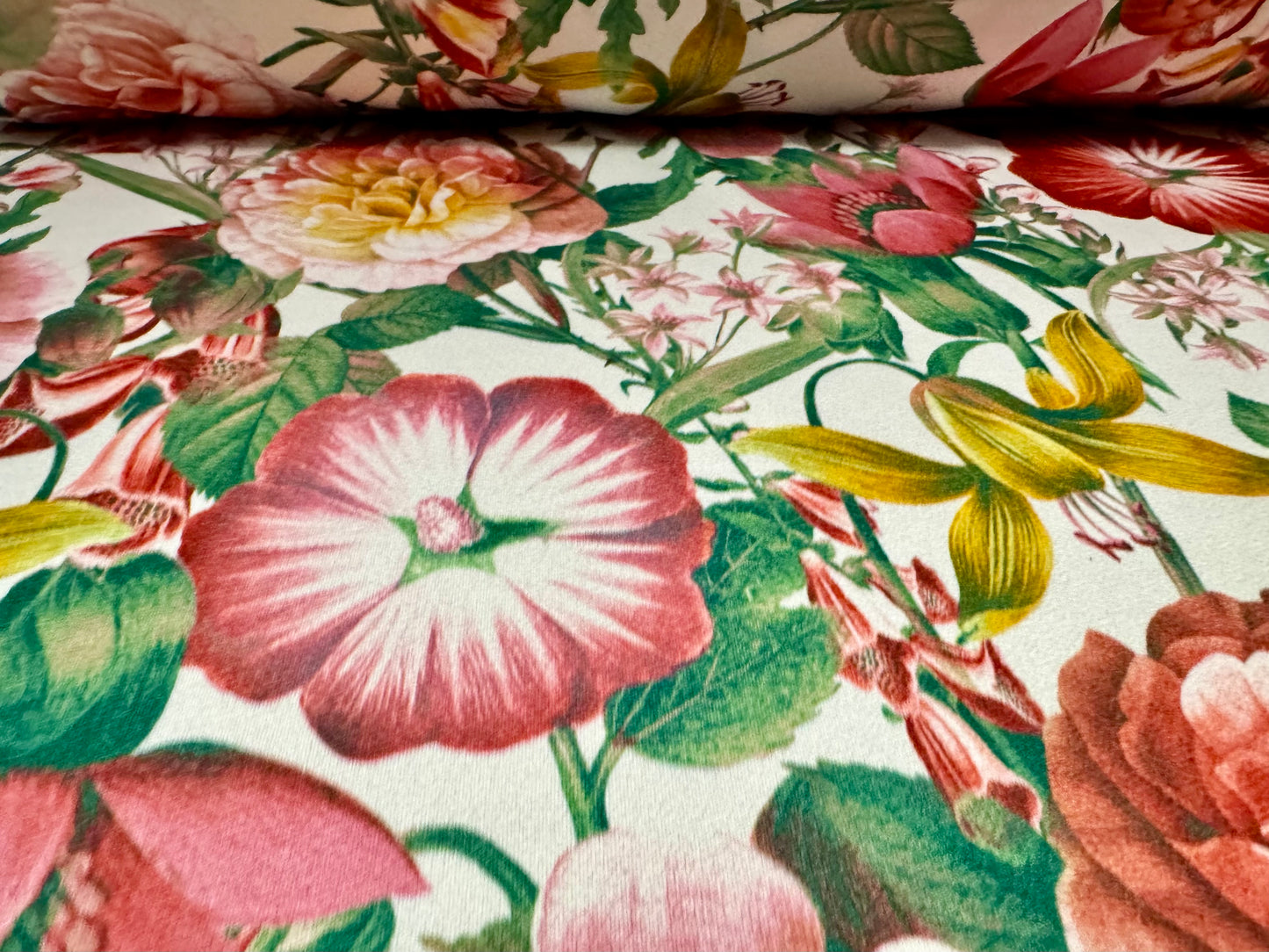 Stretch spandex crepe single jersey fabric, per metre - flower emporium print - pink & green