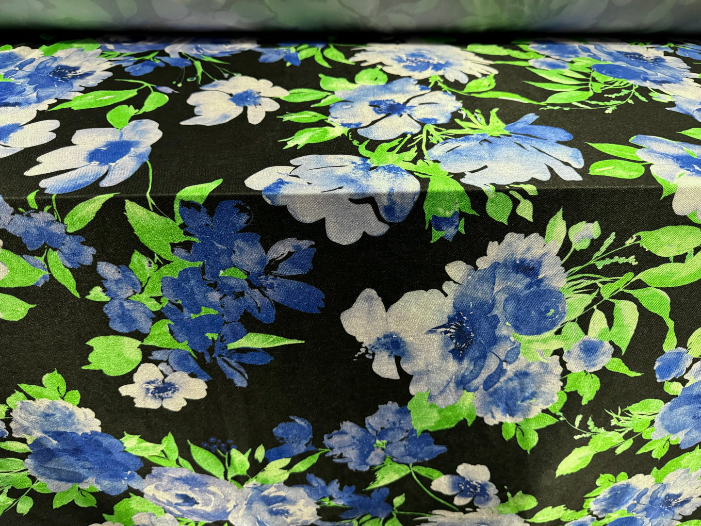 Stretch spandex satin jersey fabric, per metre - wild rose floral print - black blue & green