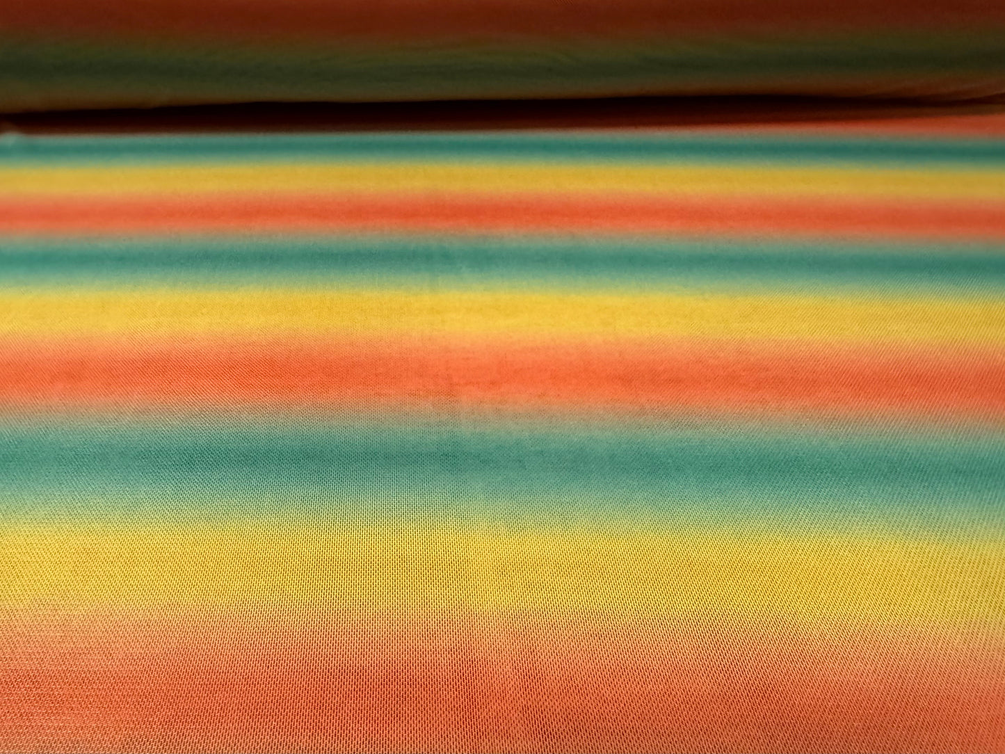 Power mesh net stretch spandex fabric, per metre - ombré stripe print - orange green & amber