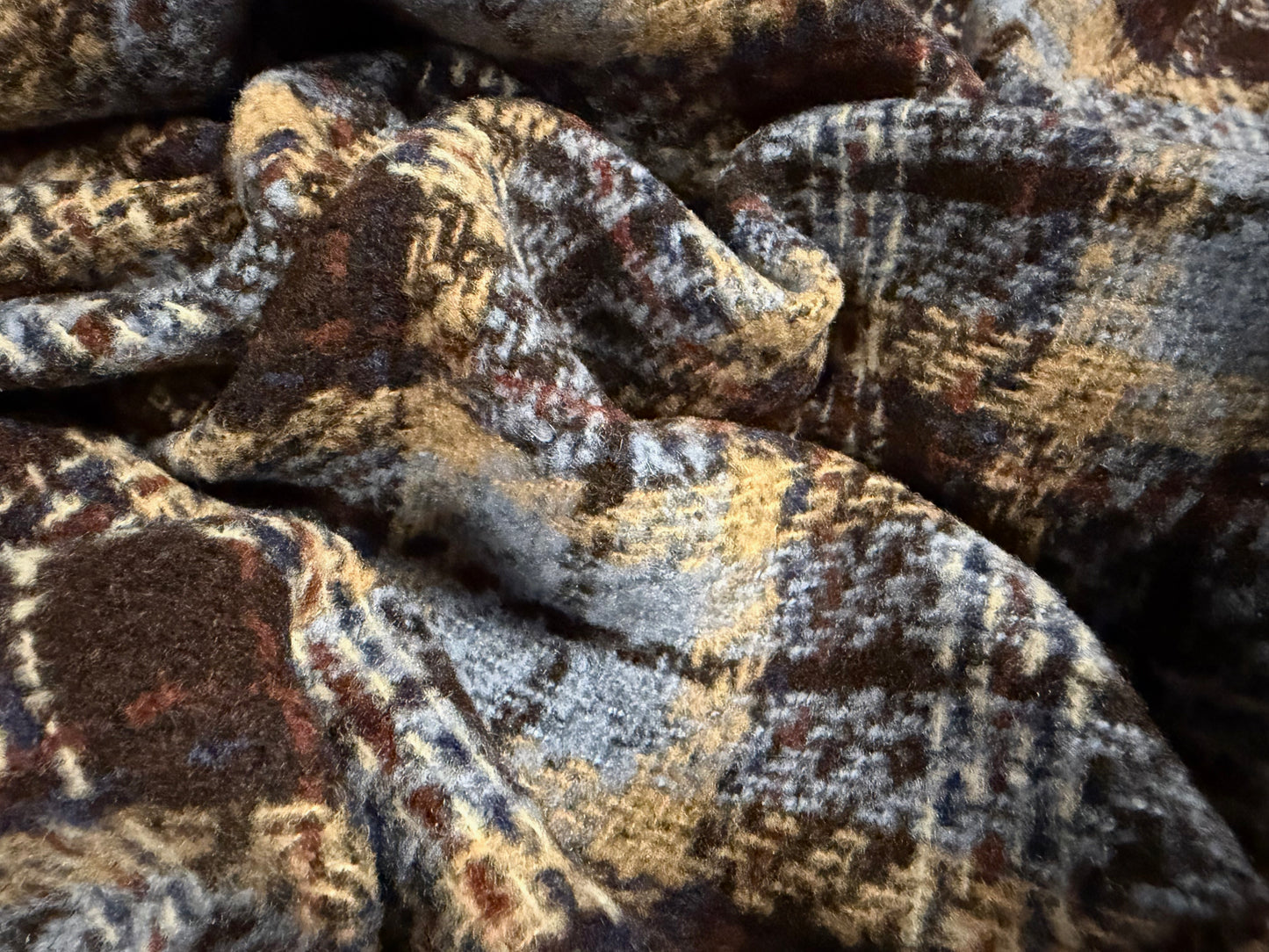 Brushed wool bouclé fabric, per metre - check - brown & sky blue