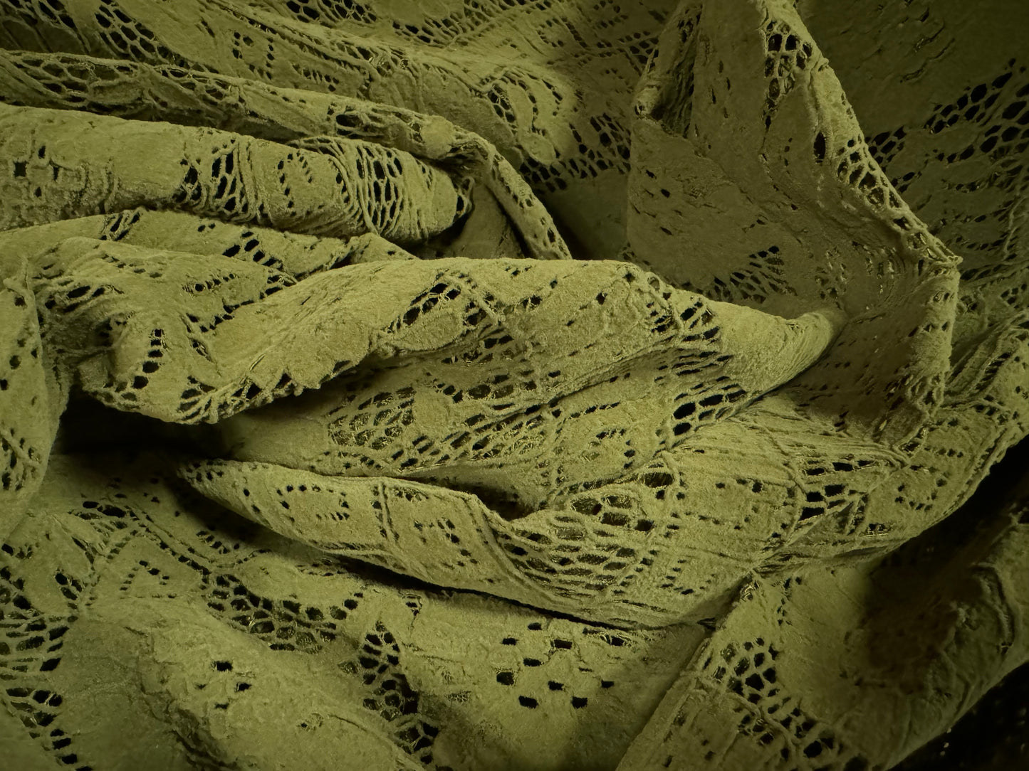 Heavyweight Alencon lace fabric, per metre - flower design - moss green