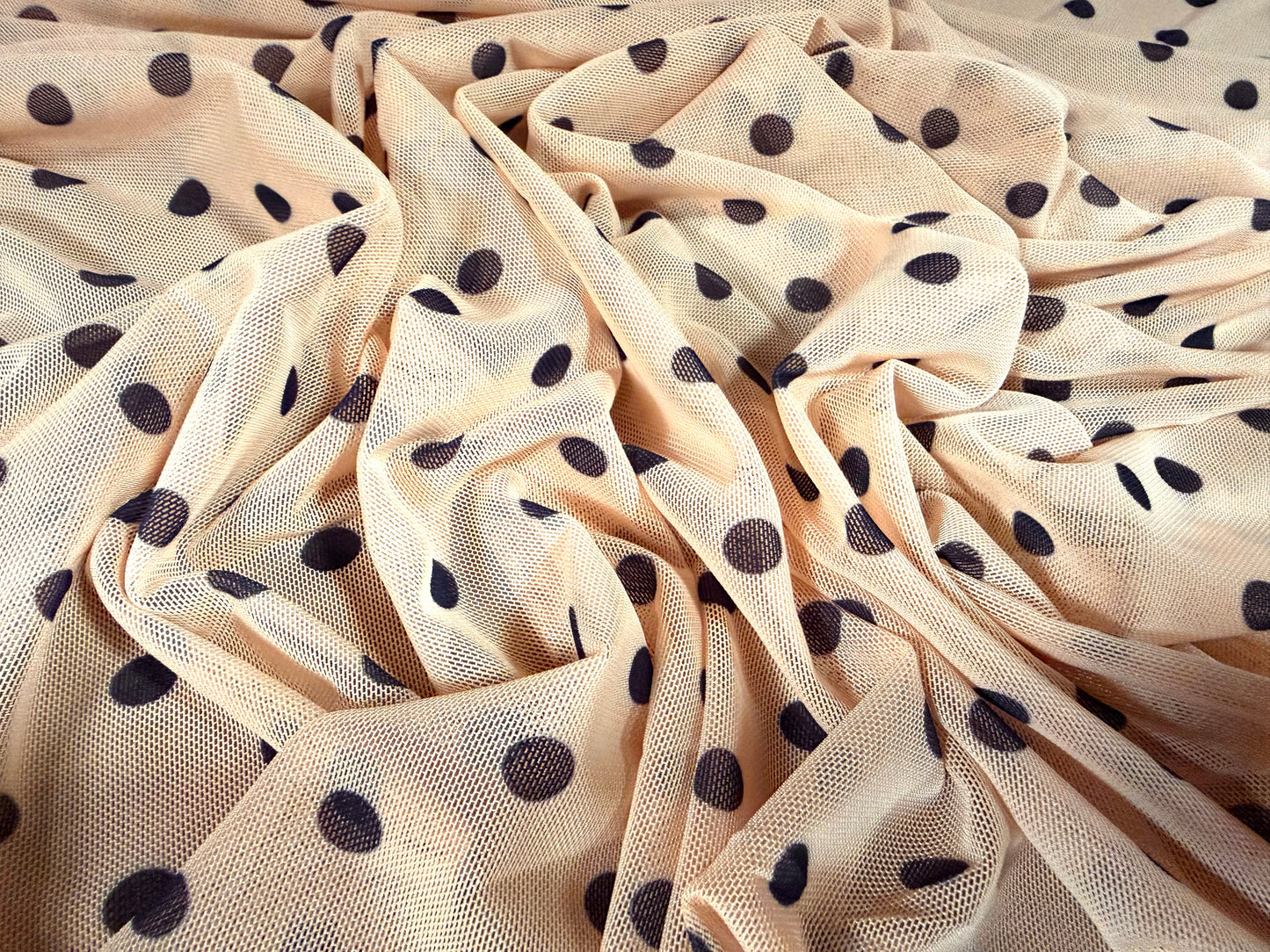 Power mesh net stretch spandex fabric, per metre - polka dot print - pink & indigo