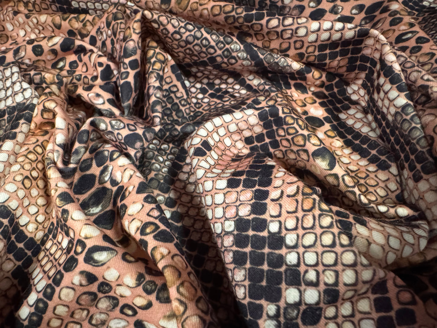 Stretch spandex interlock jersey fabric, per metre - snakeskin animal print - nude & gold