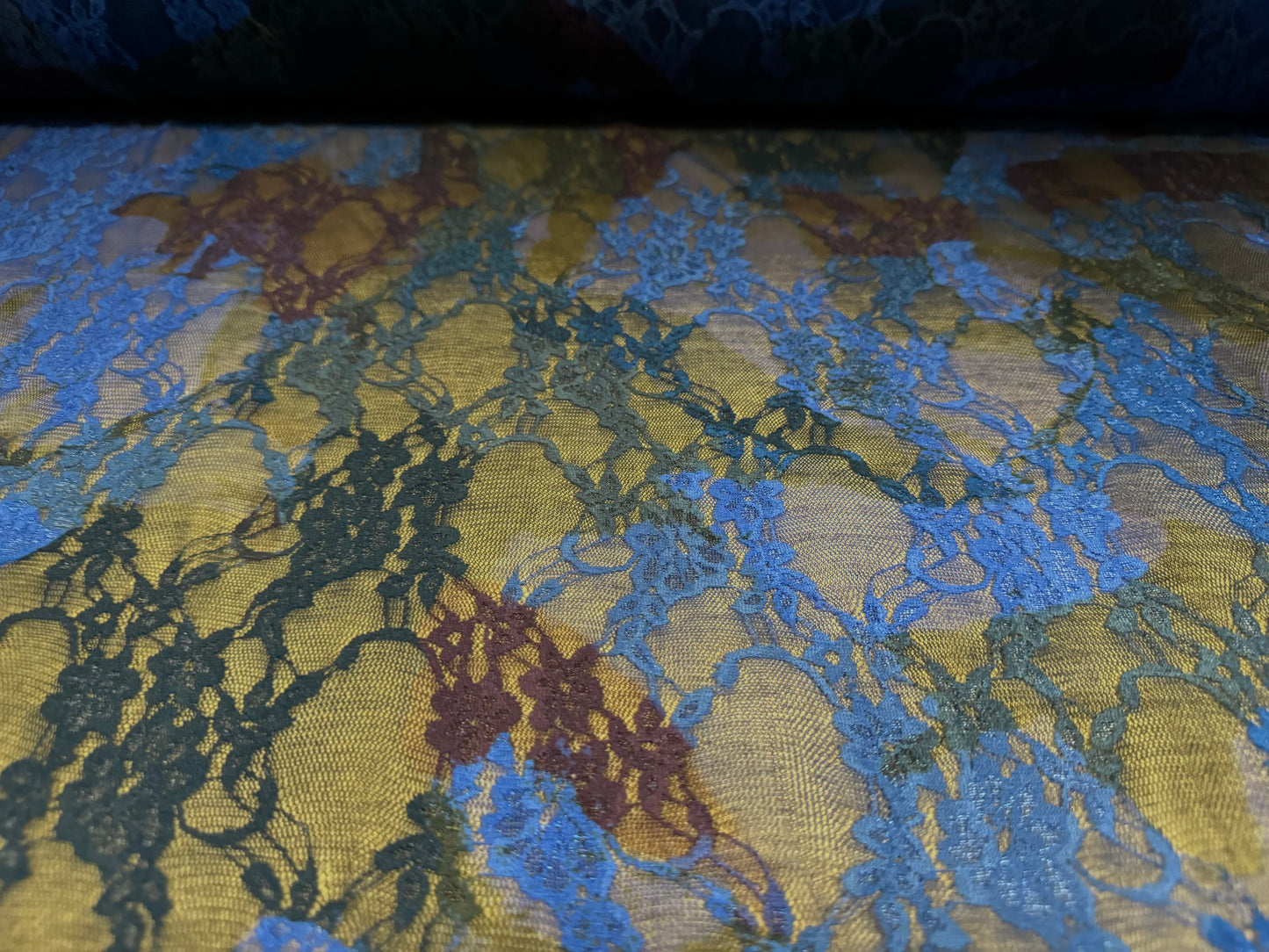 Stretch spandex mesh lace fabric, per metre - abstract art print - royal blue, aubergine & olive