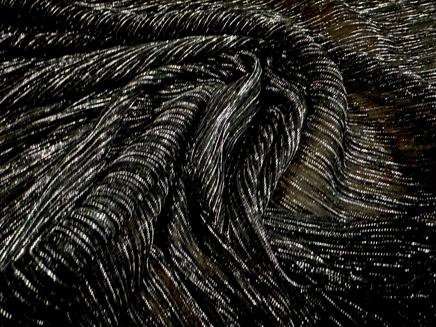 Moonlight shimmer metallic stretch plissé mesh net fabric, per metre - black & silver lurex