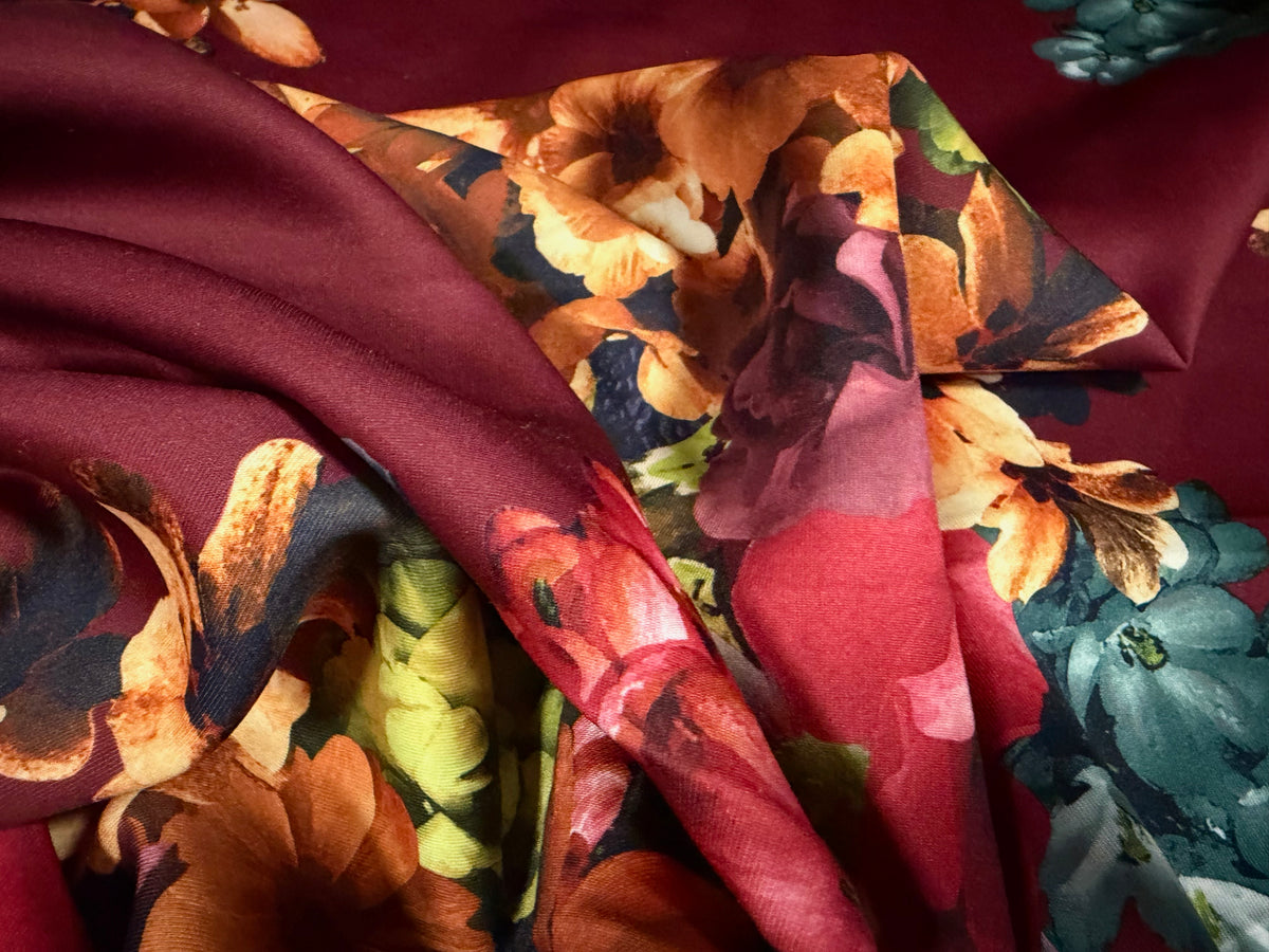 Scuba stretch spandex double jersey fabric, per metre - flourish print - burgundy