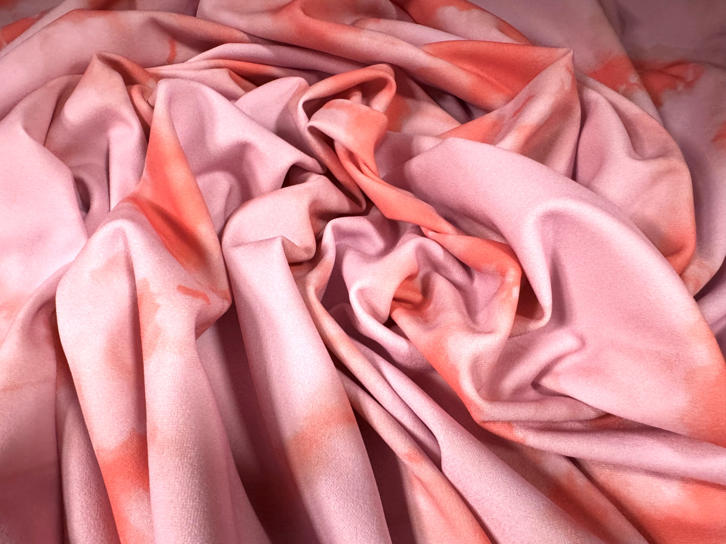 Scuba crepe stretch spandex jersey fabric, per metre - tie dye print - pink & coral