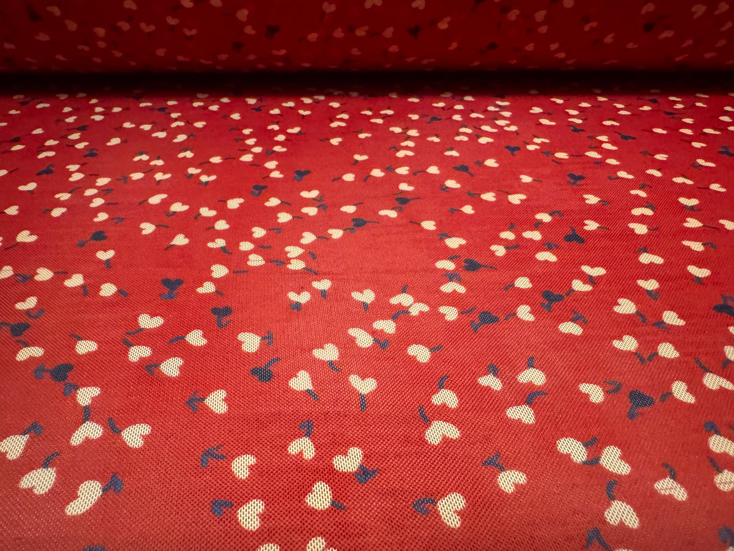 Power mesh net stretch spandex fabric, per metre - love heart flowers print - red