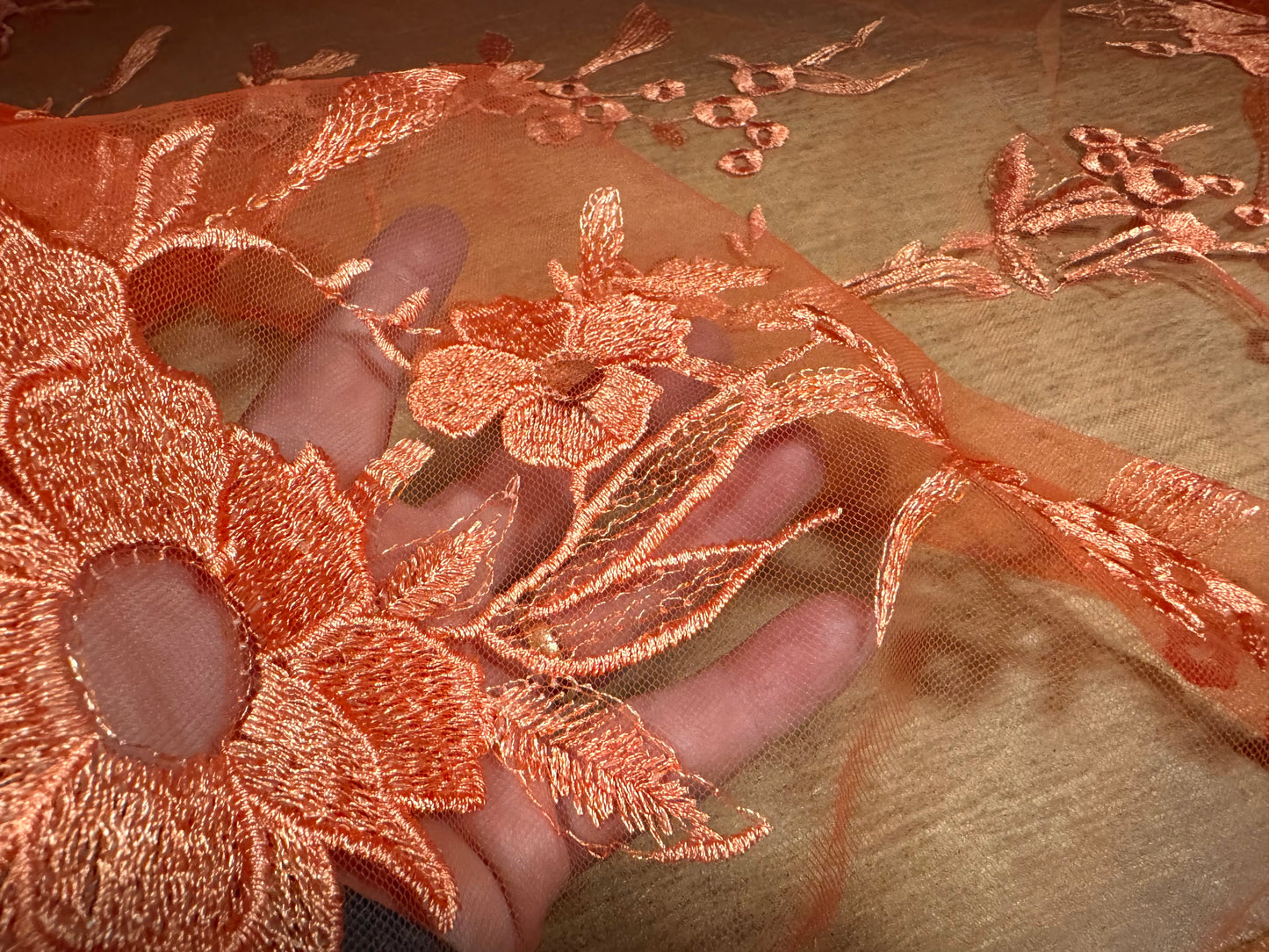 Embroidered tulle mesh net fabric, per metre - floral - scalloped selvedge - orange