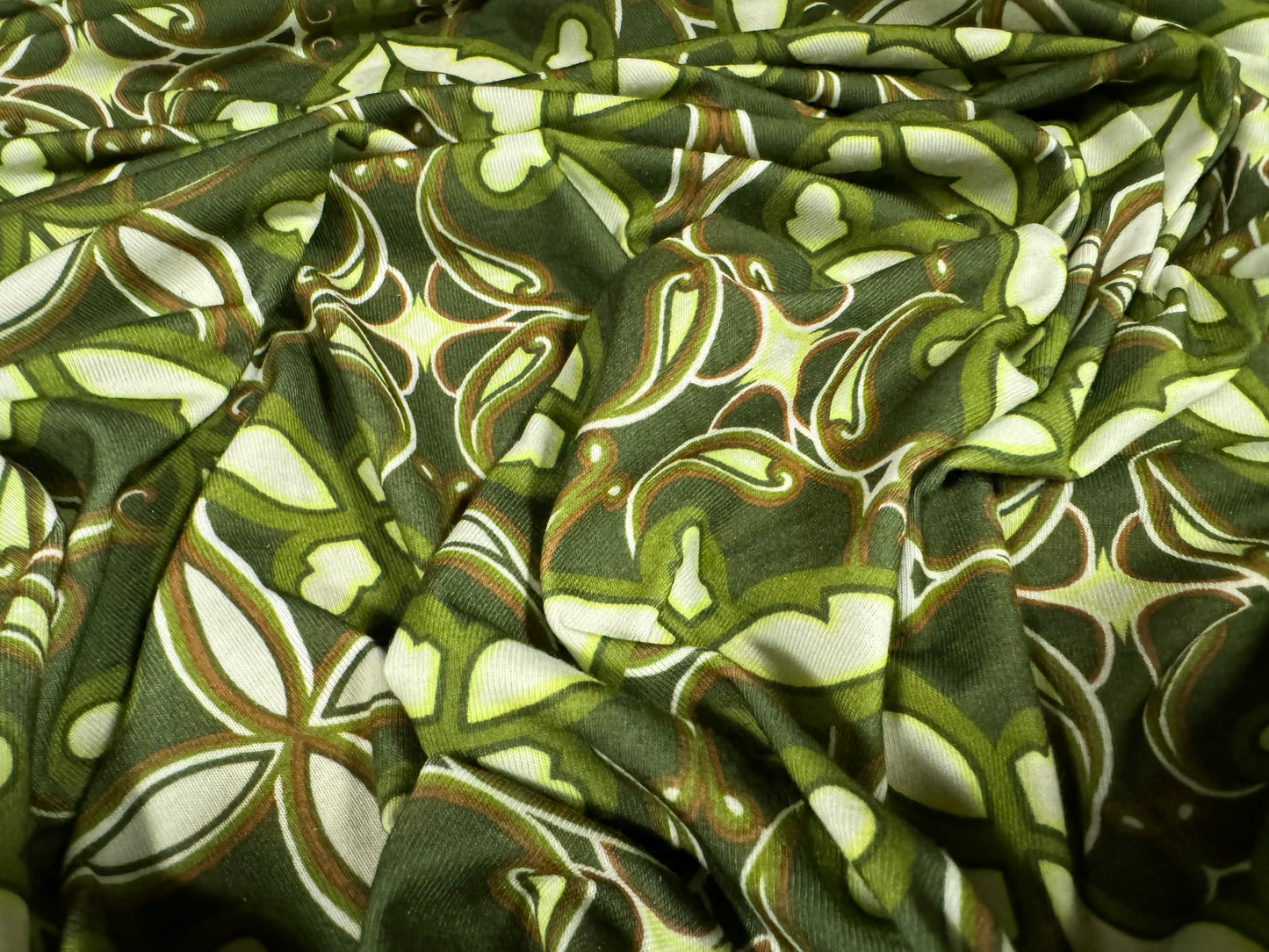 Soft handle stretch single jersey fashion fabric, per metre - quatrefoil print - olive green & terracotta