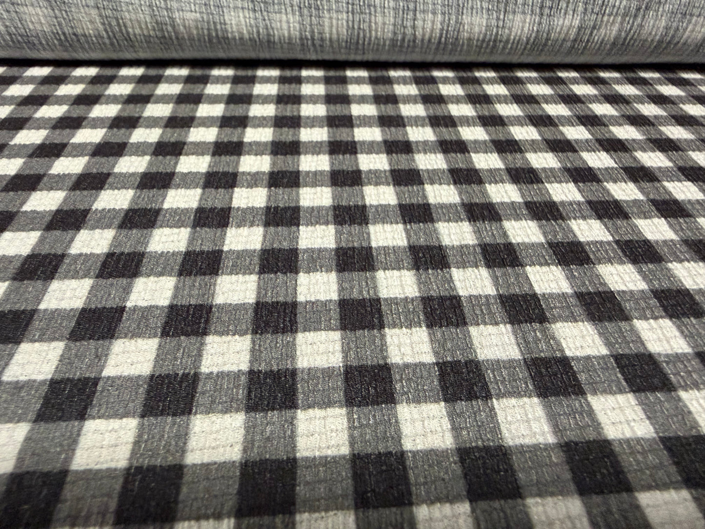 Crinkle crepe stretch woven fabric, per metre - gingham print - charcoal grey & white