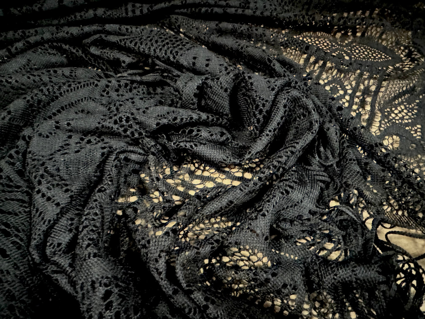 Floral lace panel fabric - 90cms panel with tassels when cut - black