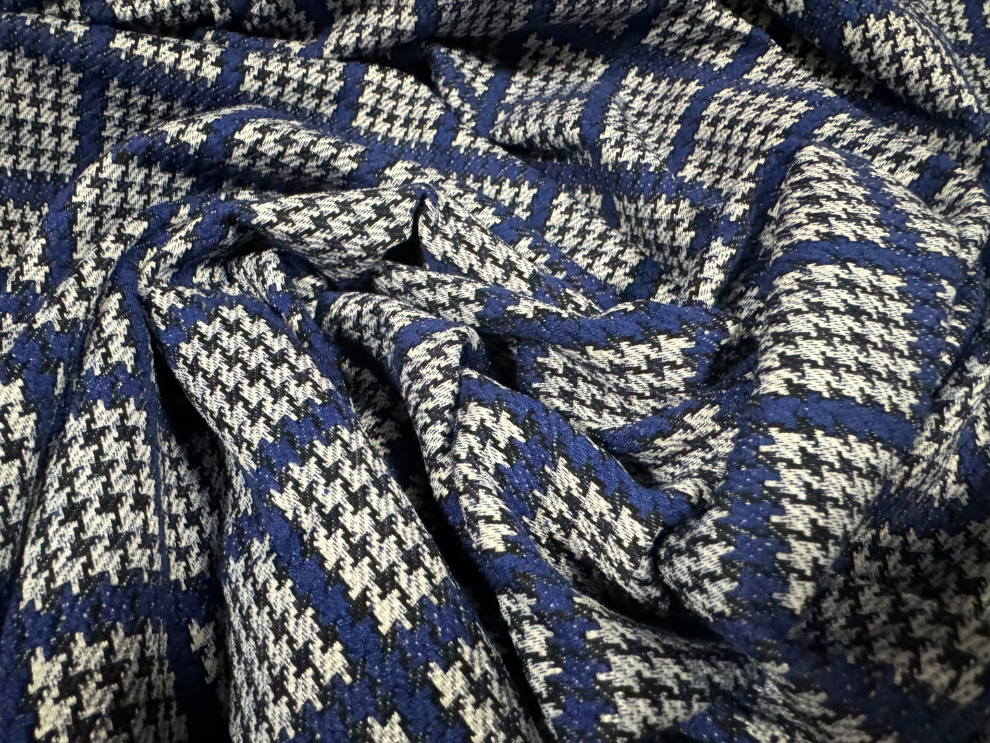 Stretch double jersey fabric, per metre - dogtooth check jacquard - blue