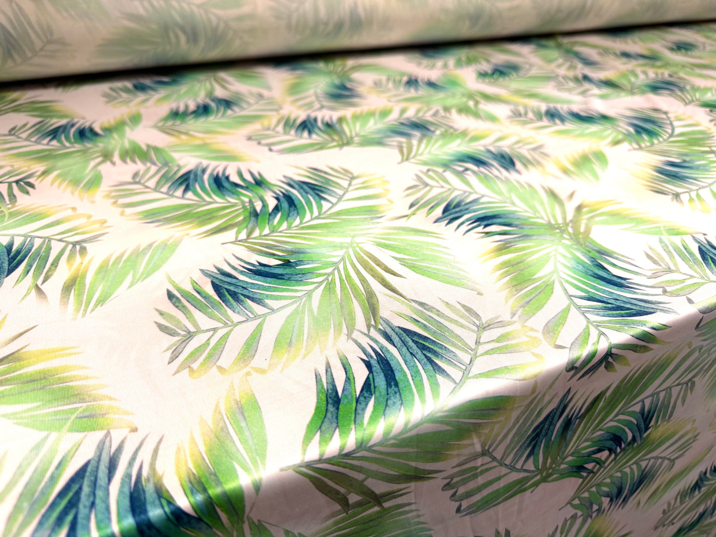 Soft touch stretch spandex jersey fabric, per metre - Palm leaves print - cream and green