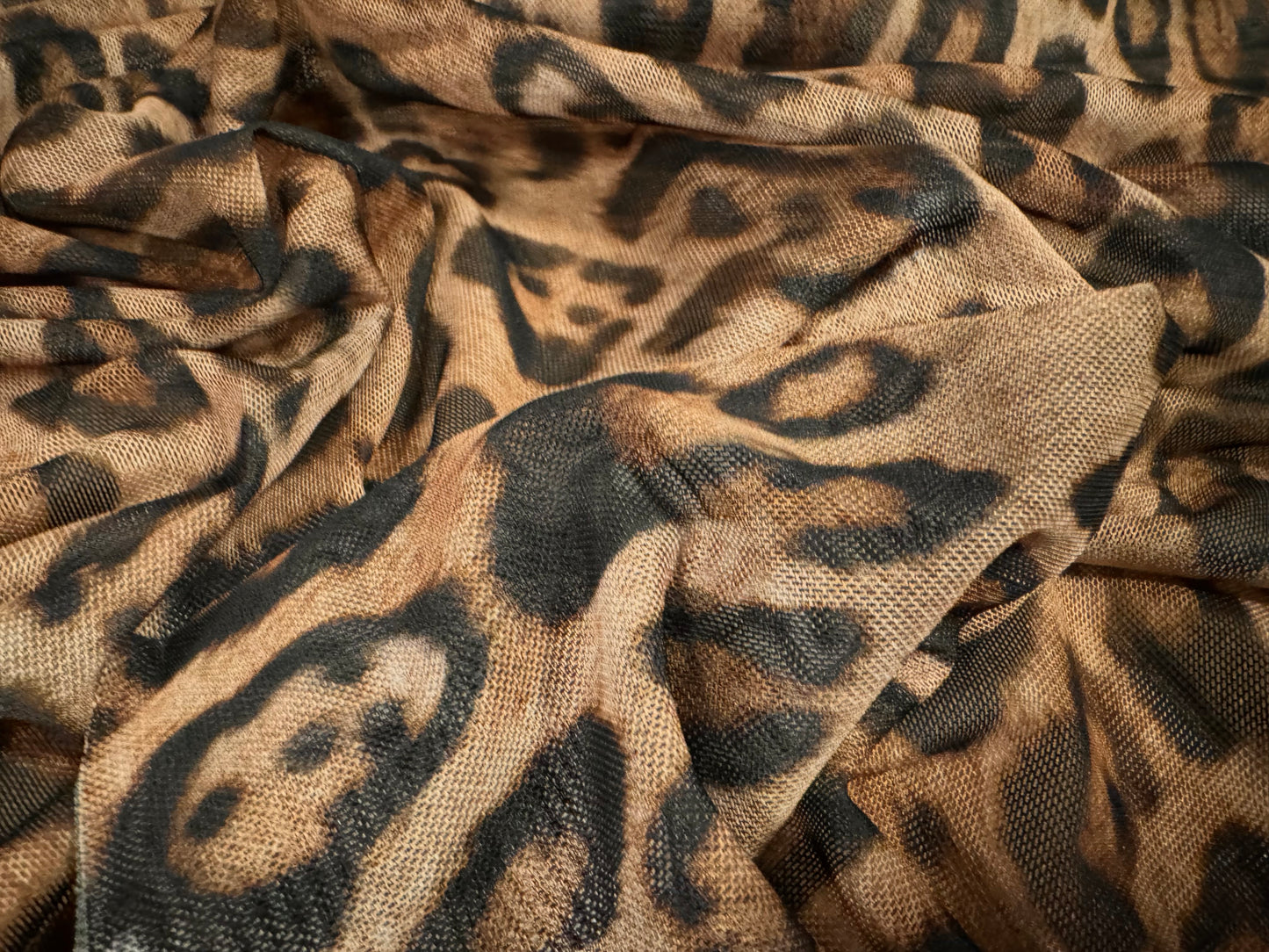 Power mesh net stretch spandex fabric, per metre - jaguar animal print - brown