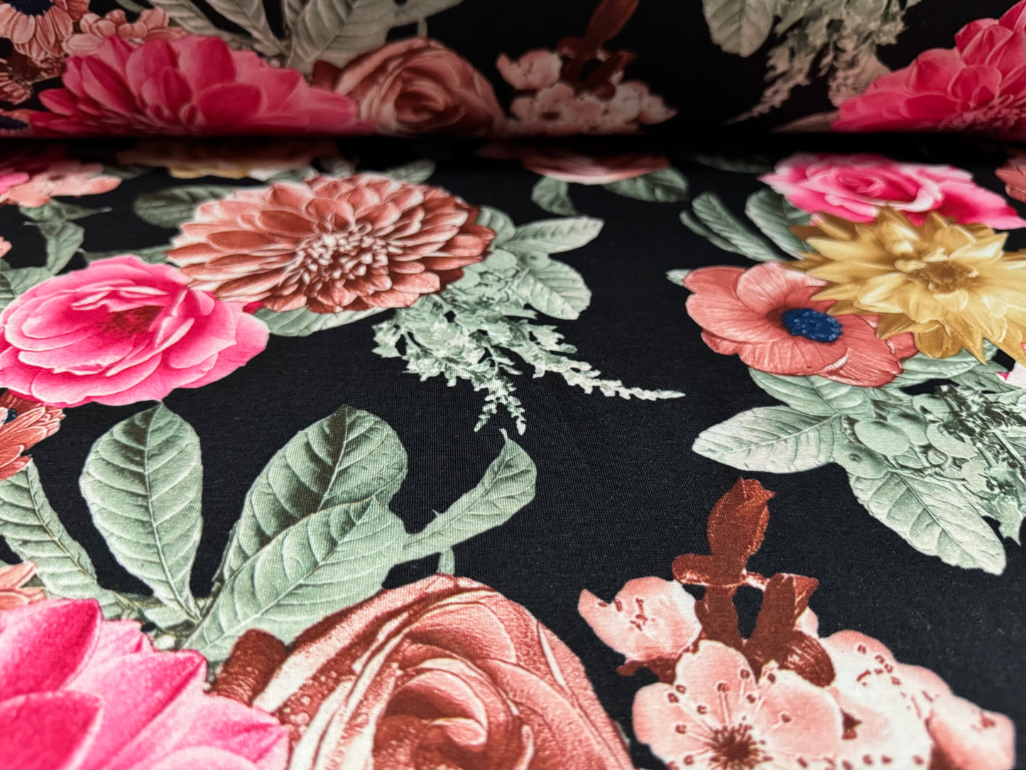 Stretch spandex interlock jersey fabric, per metre - carnations floral print - black & pink