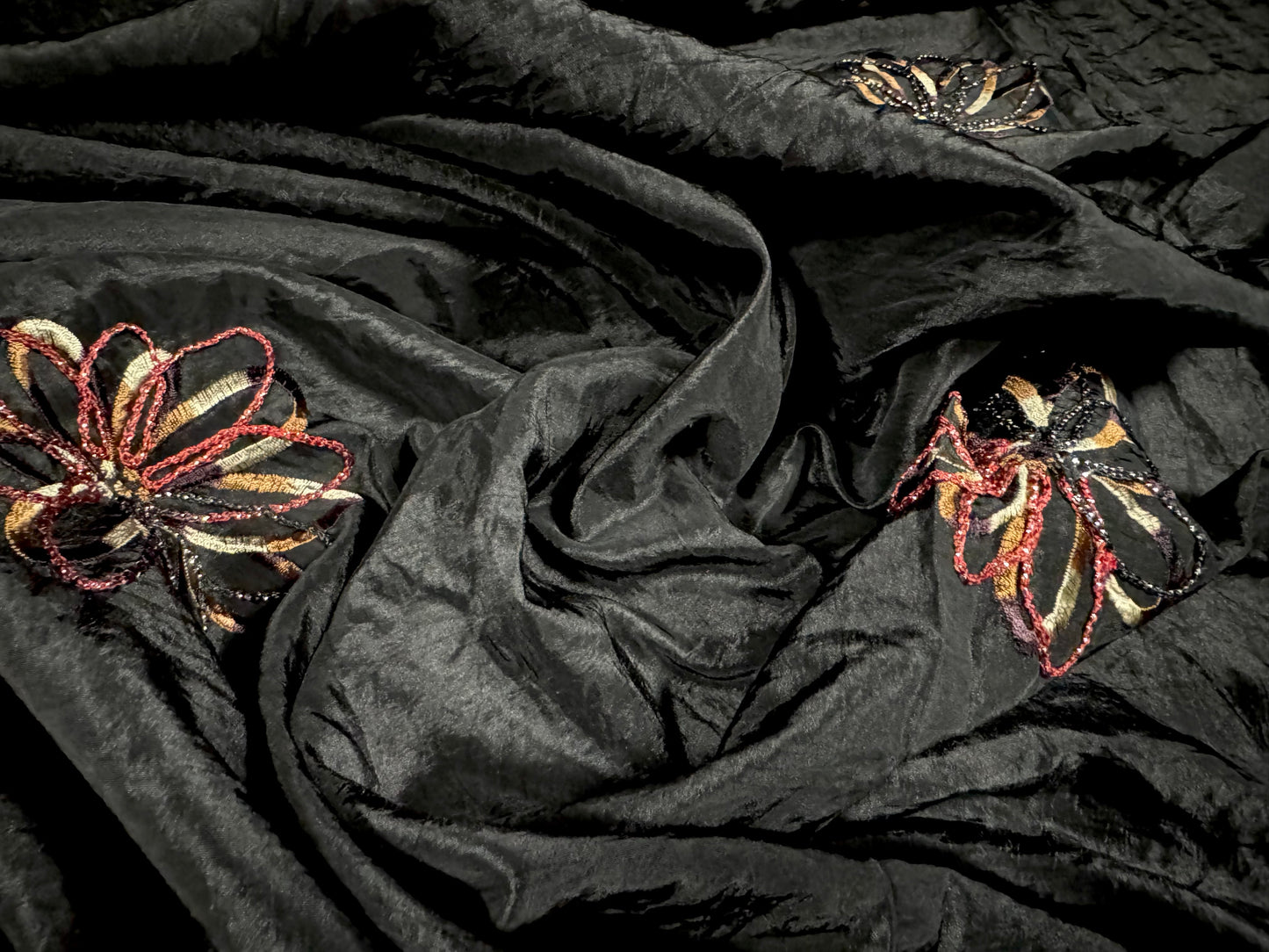 Taffeta faux silk fabric, per metre - metallic embroidered flowers - black pink & gold